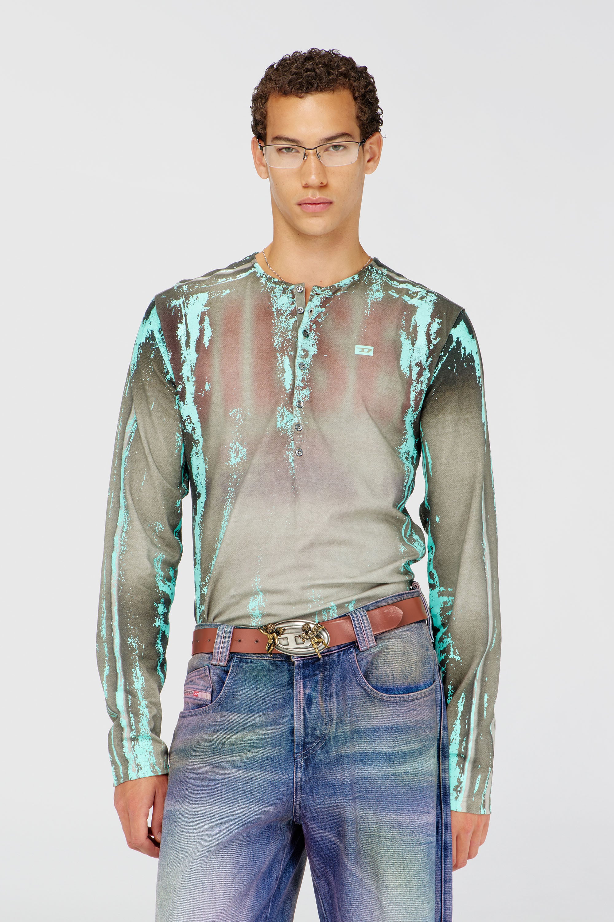 Diesel - T-FYNO-ML, Grandad camiseta de punto efecto cuero agrietado Hombre in Multicolor - 1