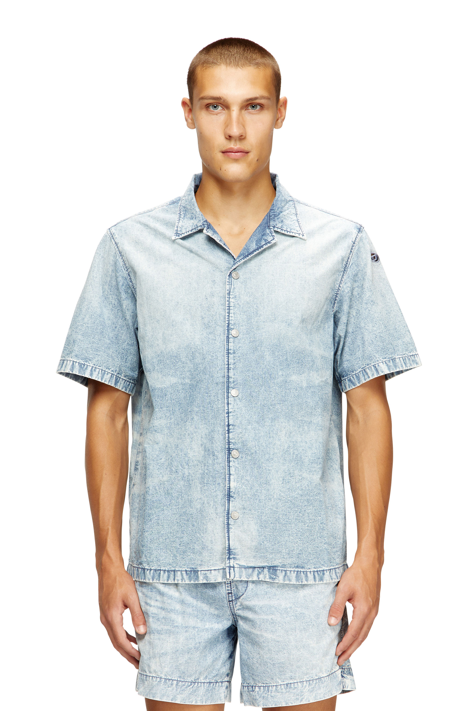 Diesel - D-NABIL-S4, Man's Bowling shirt in marbled denim in Light Blue - 3