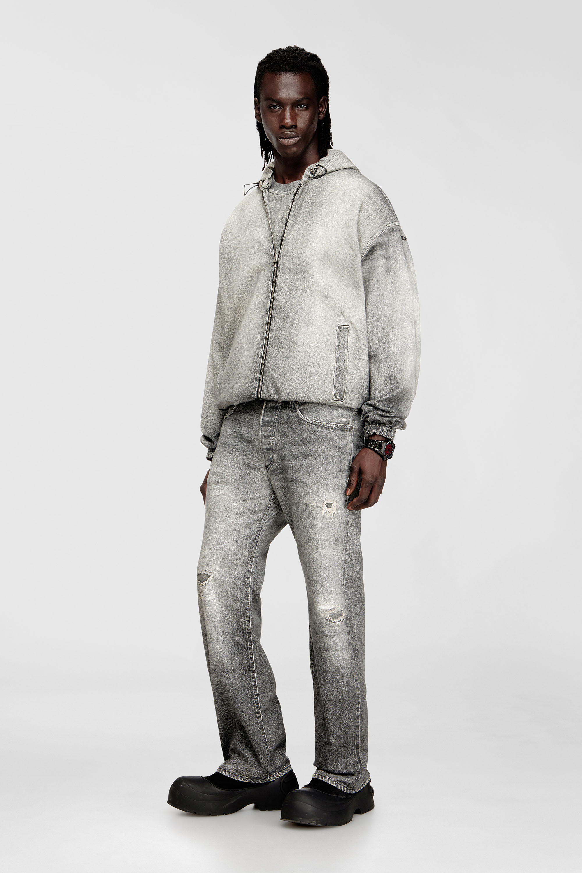 Diesel - D-WYNNY JOGG, Man's Hooded jacket in trompe l'oeil JoggJeans in Grey - 2