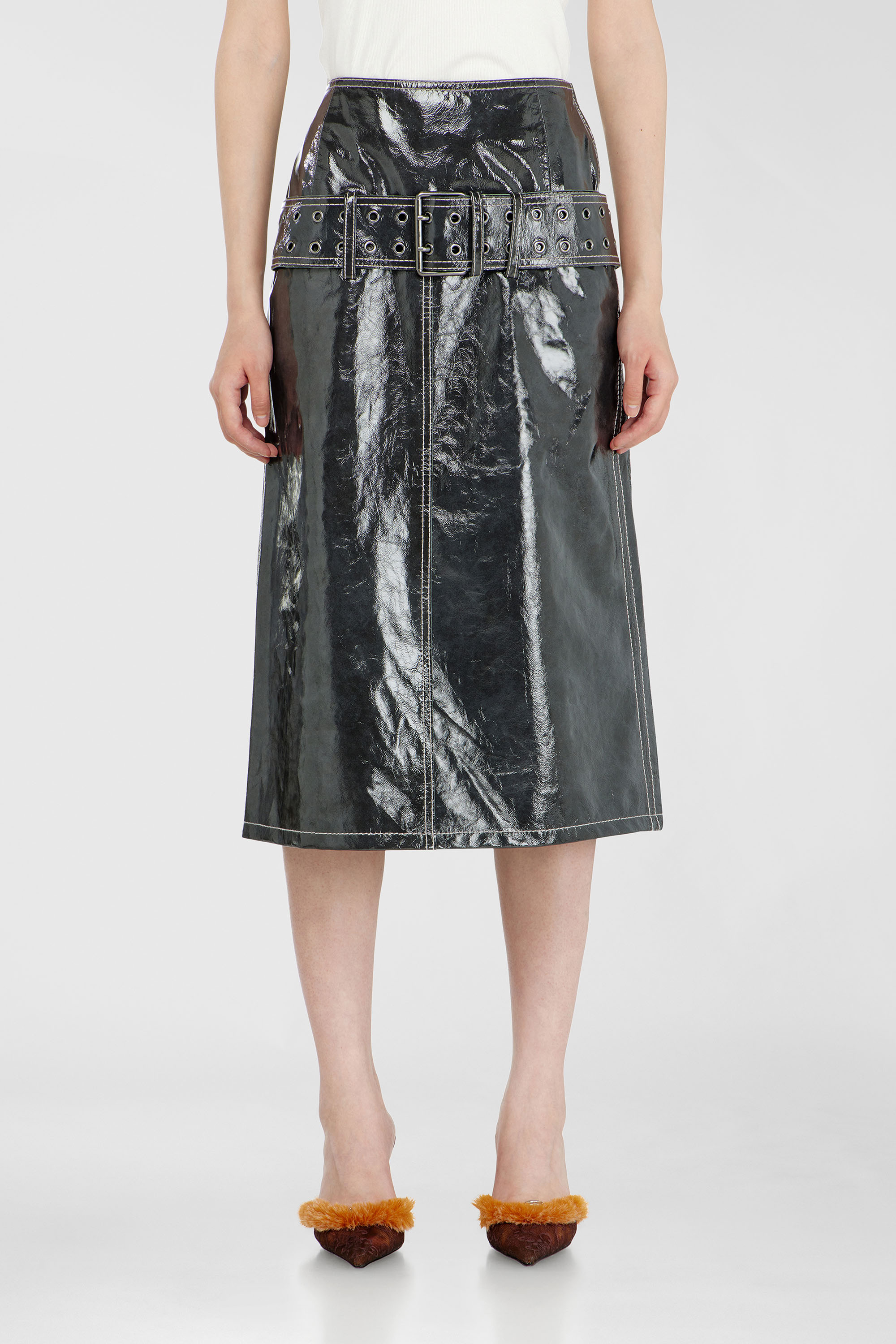 Diesel - L-ASCAR, Falda midi de charol con cintur&oacute;n Mujer in Gris - 1