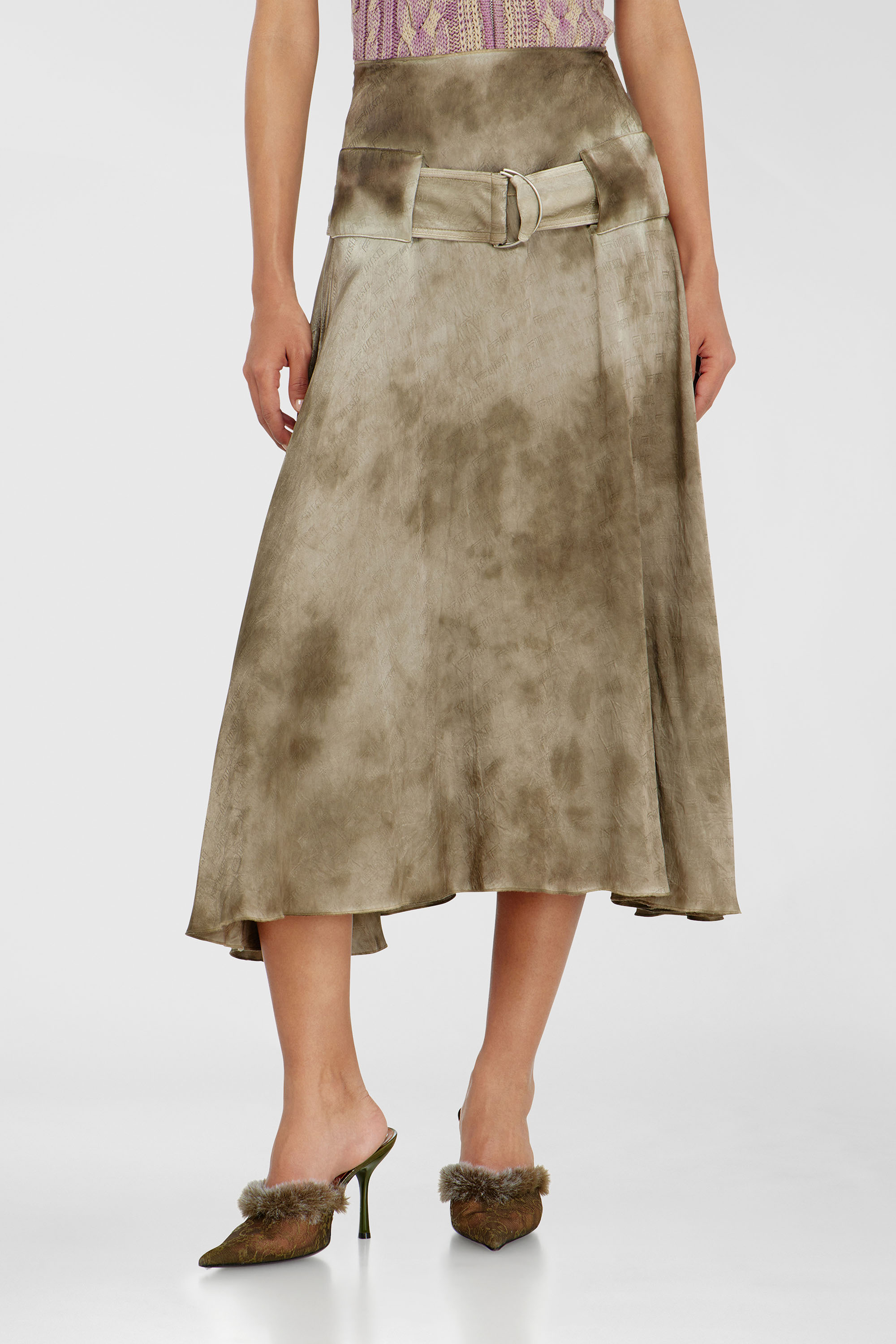 Diesel - O-DYLE, Belted midi skirt en sat&eacute;n jacquard con logo Mujer in Marr&oacute;n - 1