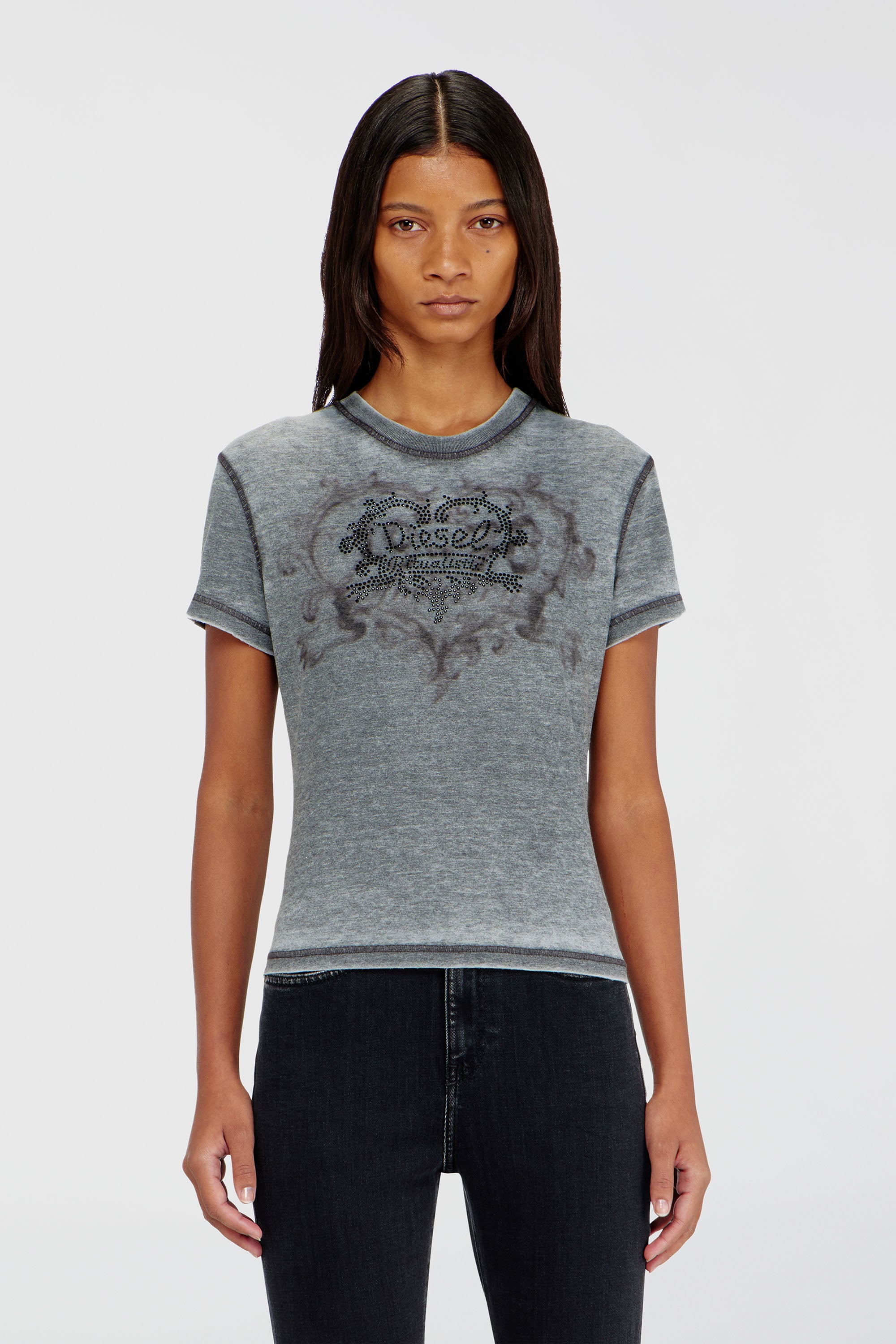 Diesel - T-ILA-AA1, Camiseta de jersey con strass y burnout effect Mujer in Gris - 1