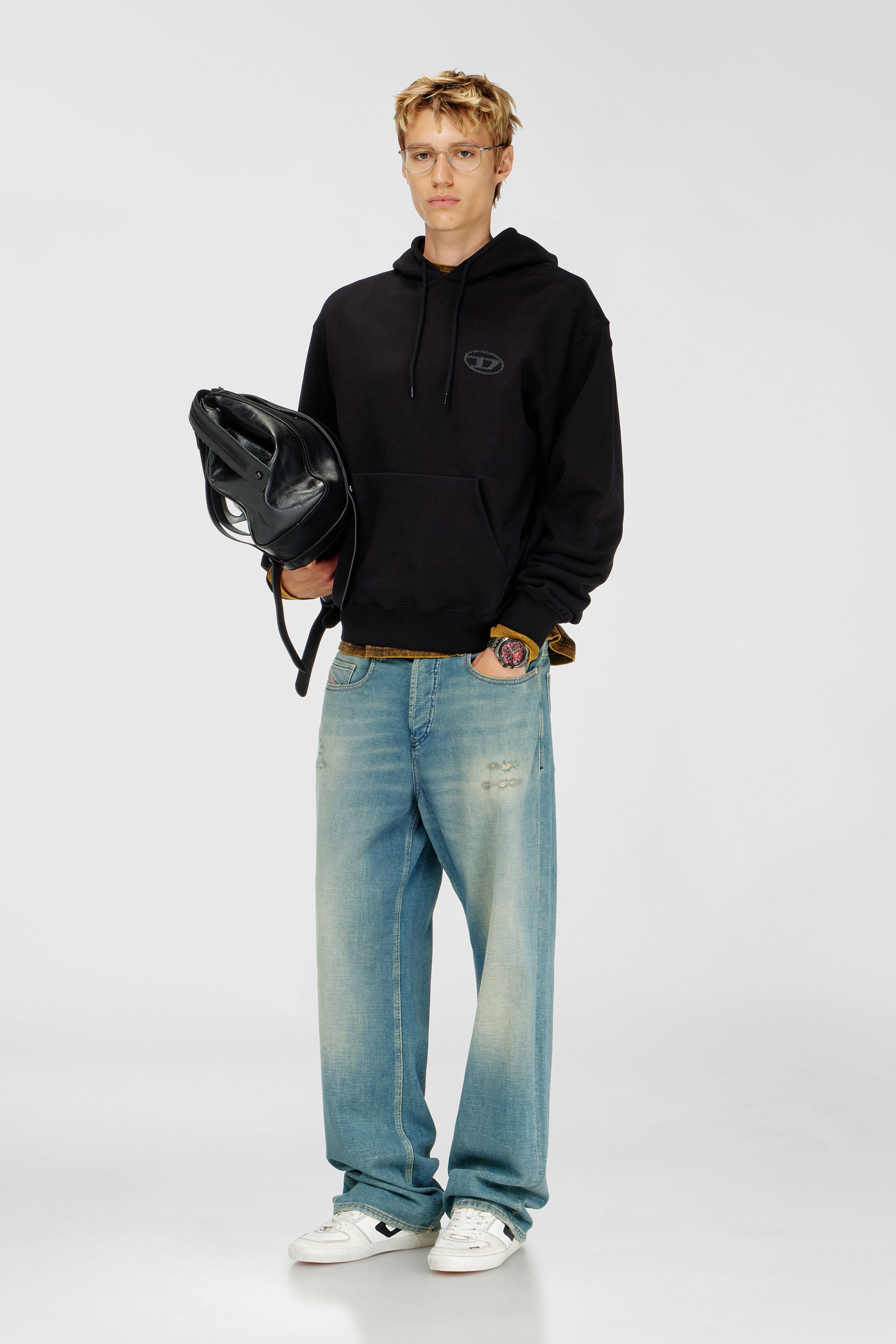 Diesel - S-LUK-H-T92, Sudadera con capucha de algod&oacute;n con bordado del logotipo Oval D tono sobre tono Hombre in Negro - 2