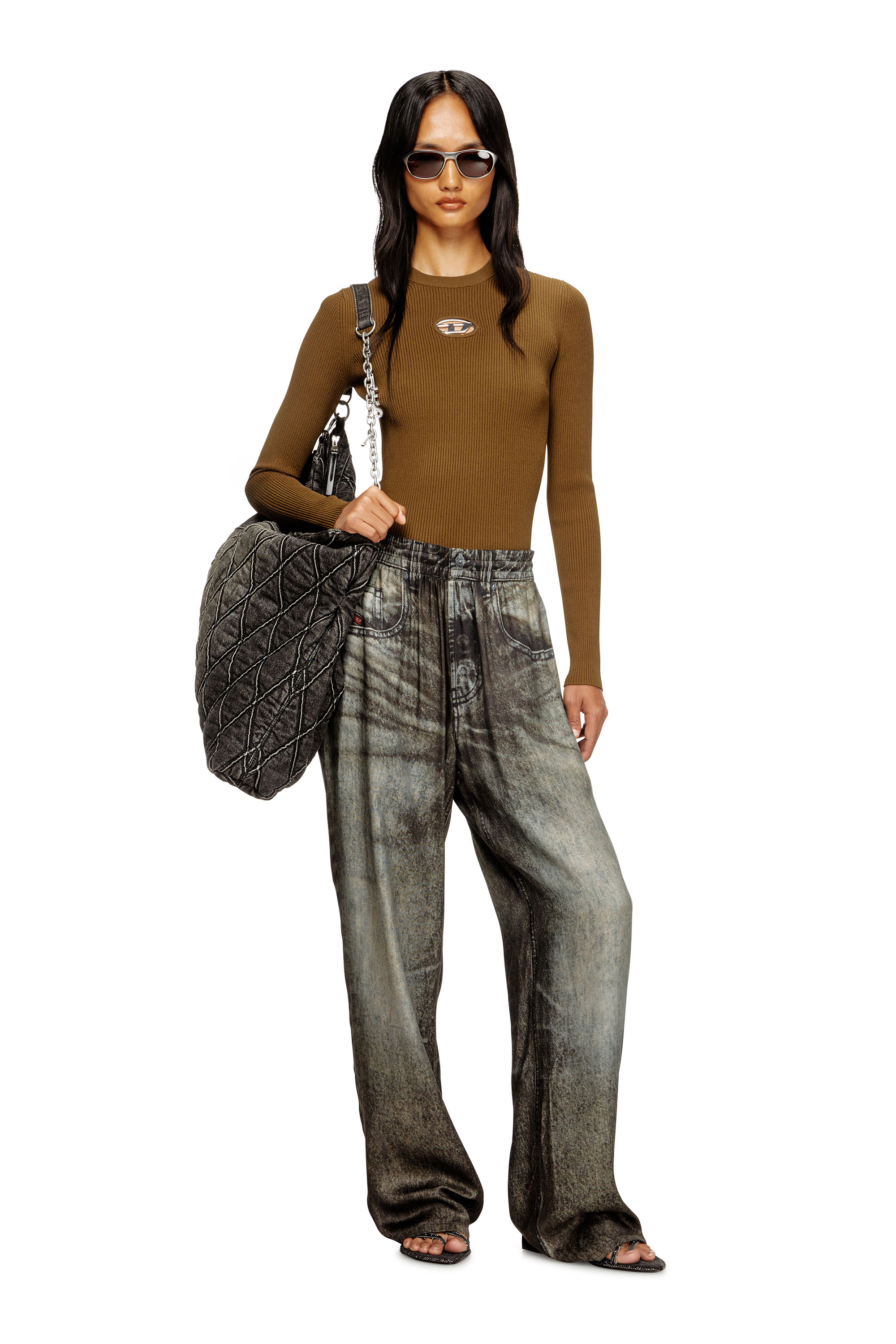 Diesel - M-VALARI, Top de mezcla de viscosa tejido en canalé con Oval D Mujer in Verde - 2
