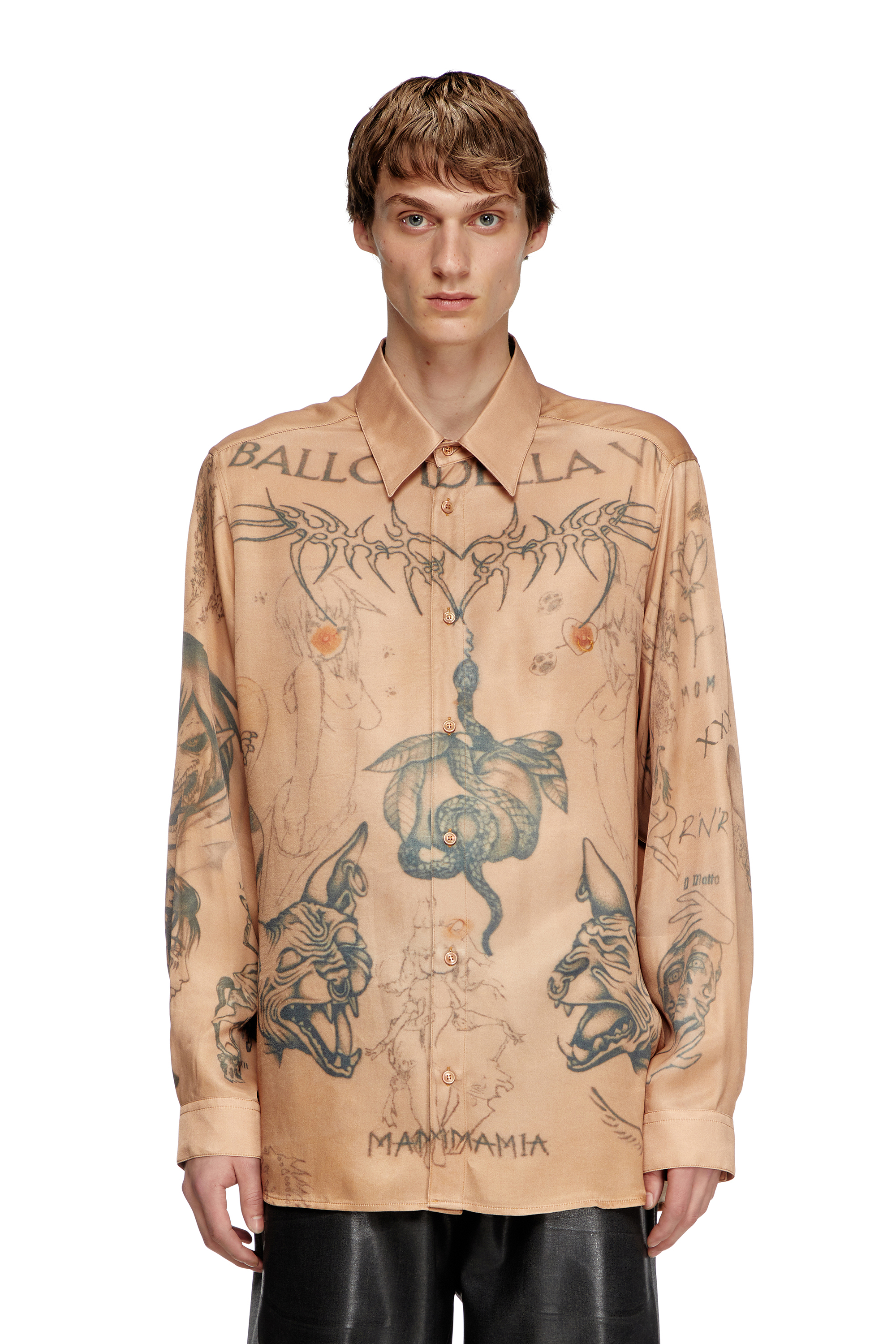 Diesel - S-SIMPLY-TTO-DD, Camisa de satén fluido con estampado de tatuaje Unisex in Beige - 5