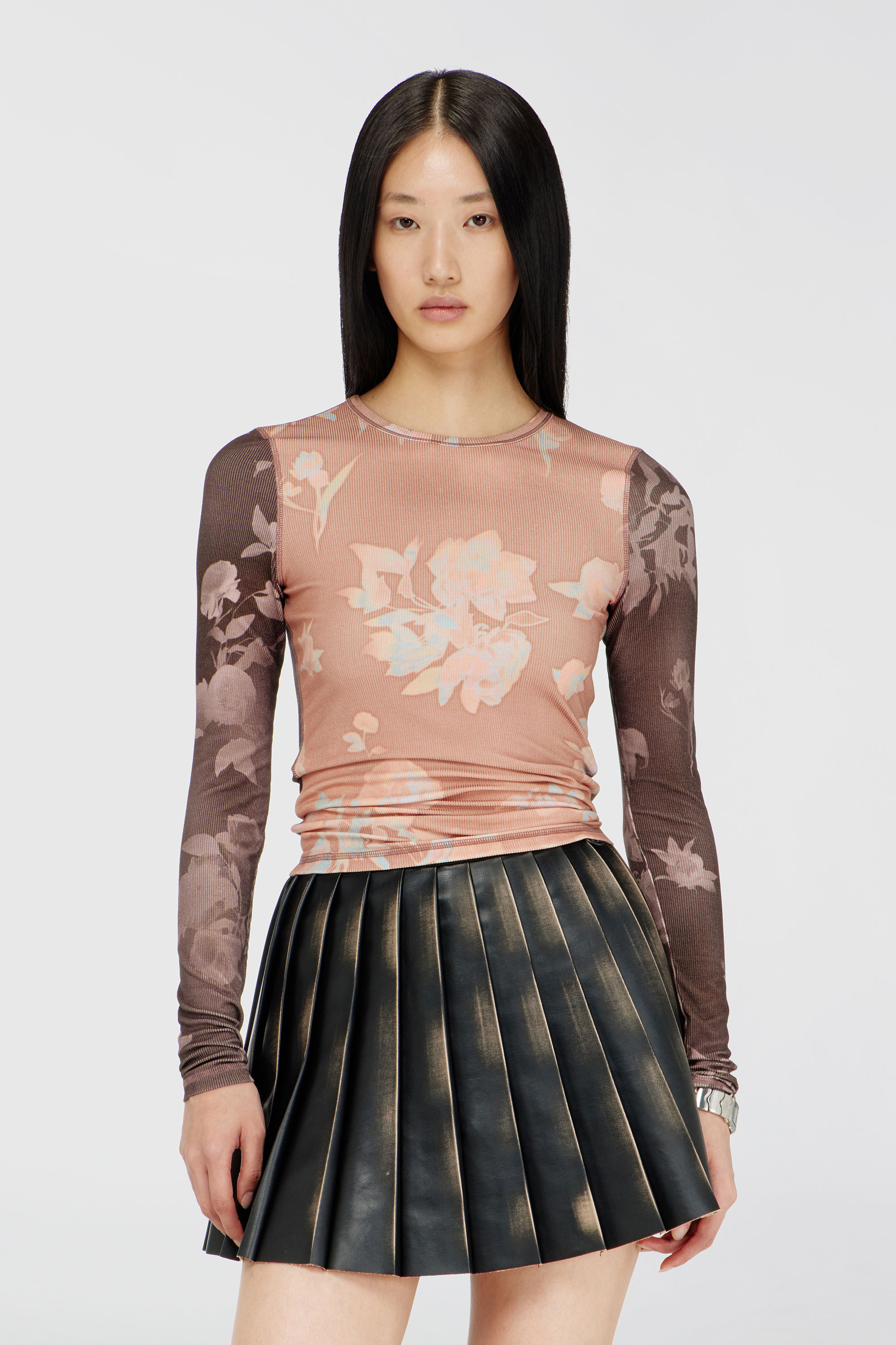 Diesel - T-MOKY-LS, Top de punto acanalado con estampado floral Mujer in Rosa - 3