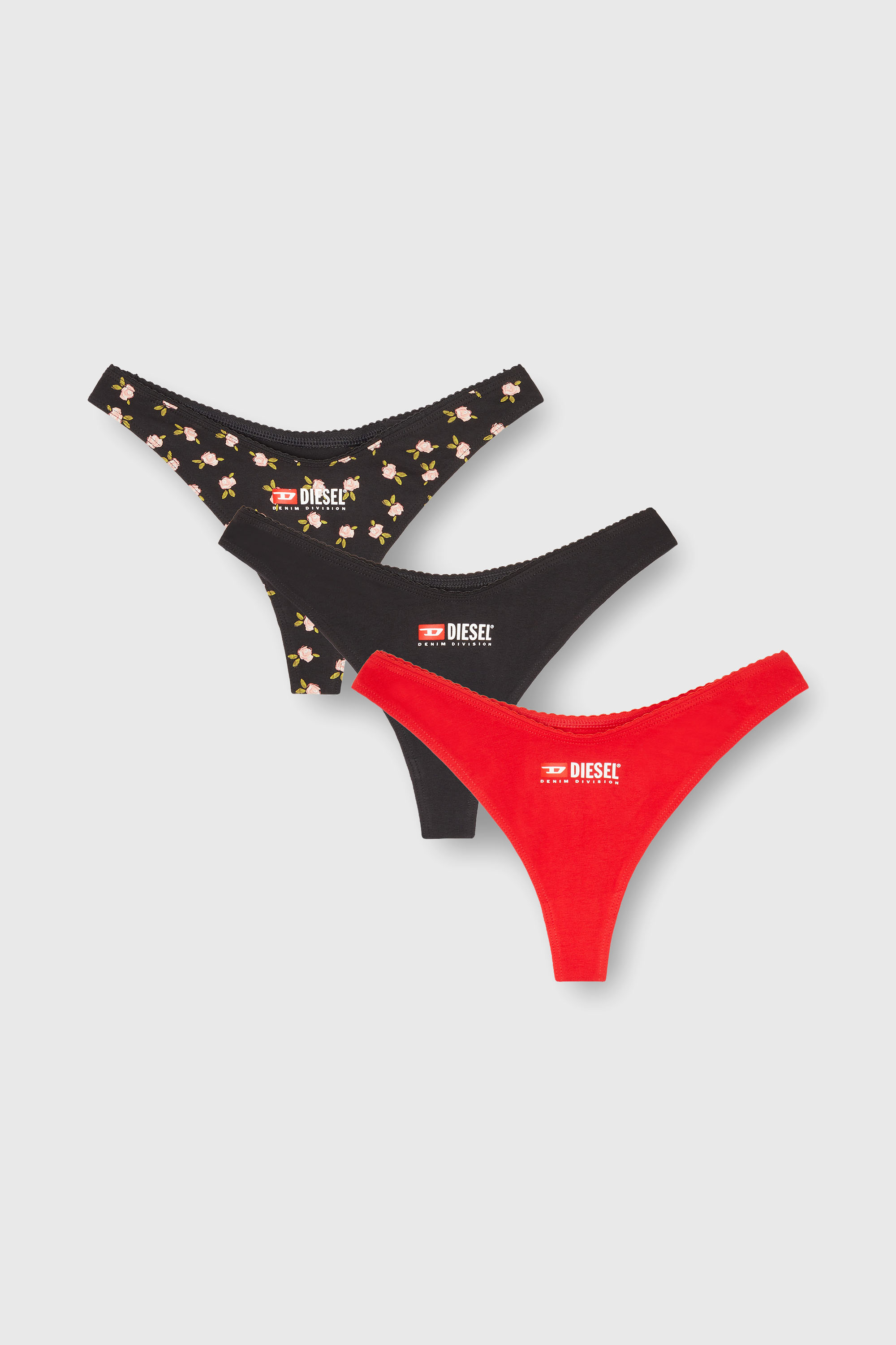 Diesel - PUNCHY-D-CORE-3PACK, Pack de 3 tangas de algod&oacute;n stretch con estampado floral Mujer in Negro - 1