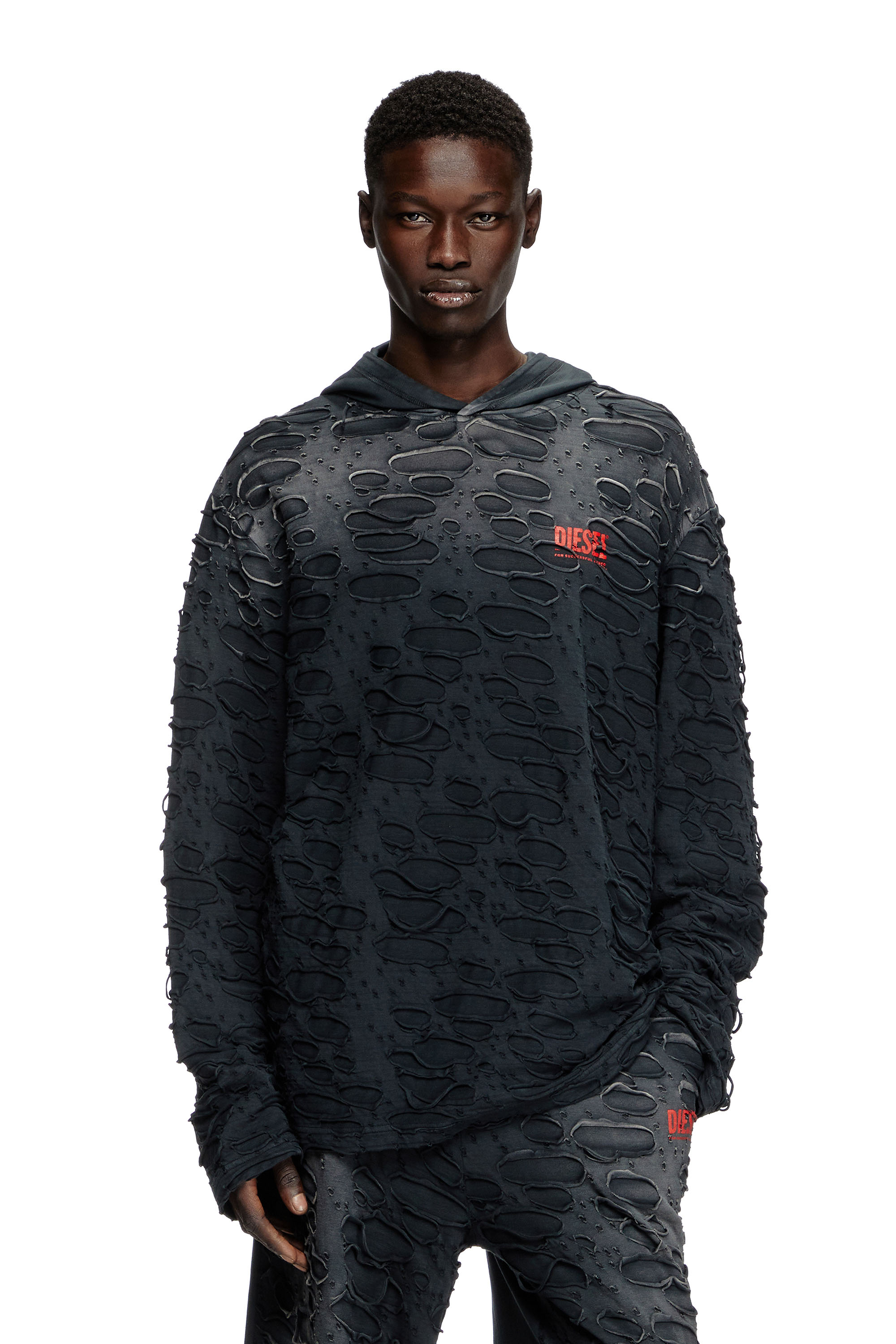 Diesel - T-CRANE-LS-HOOD, Camiseta de manga larga con capucha y orificios Hombre in Negro - 3