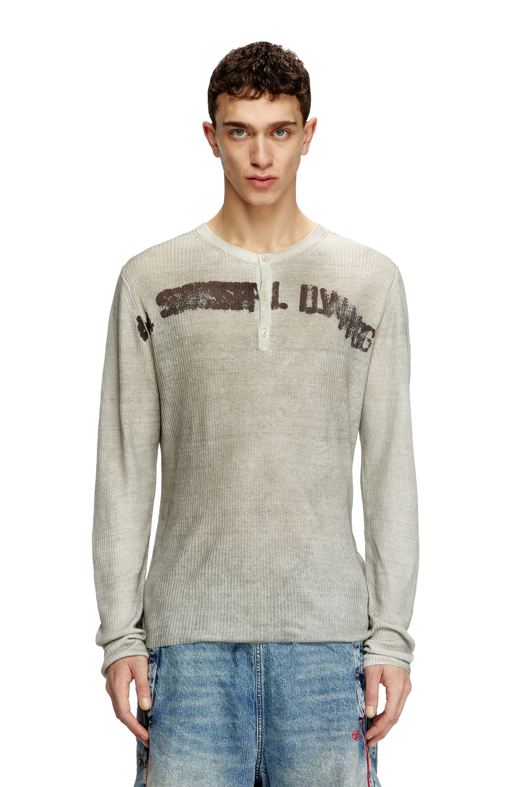 Diesel - K-ROBBY, Suéter Henley con efecto desgastado en lino Unisex in Beige - 2