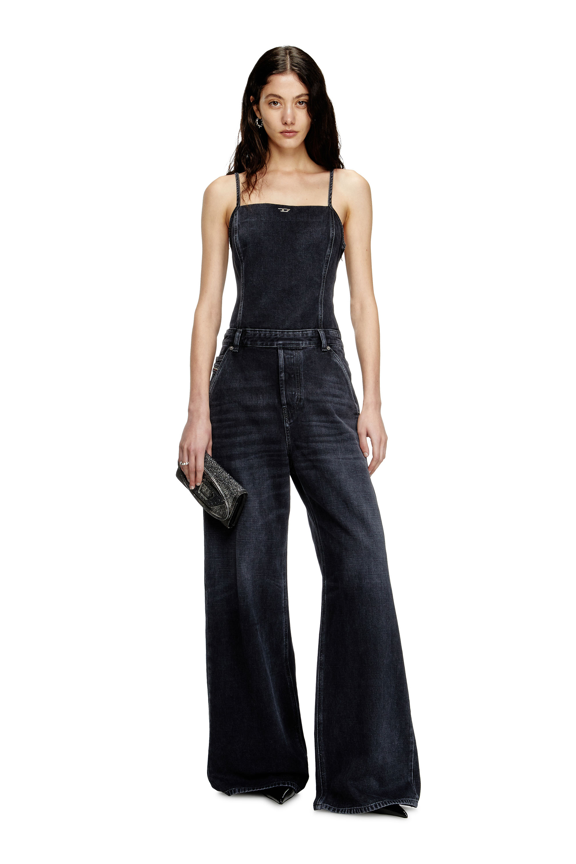 Diesel - DE-VORS, Mono con tiras de denim con tejido batavia Mujer in Negro - 2