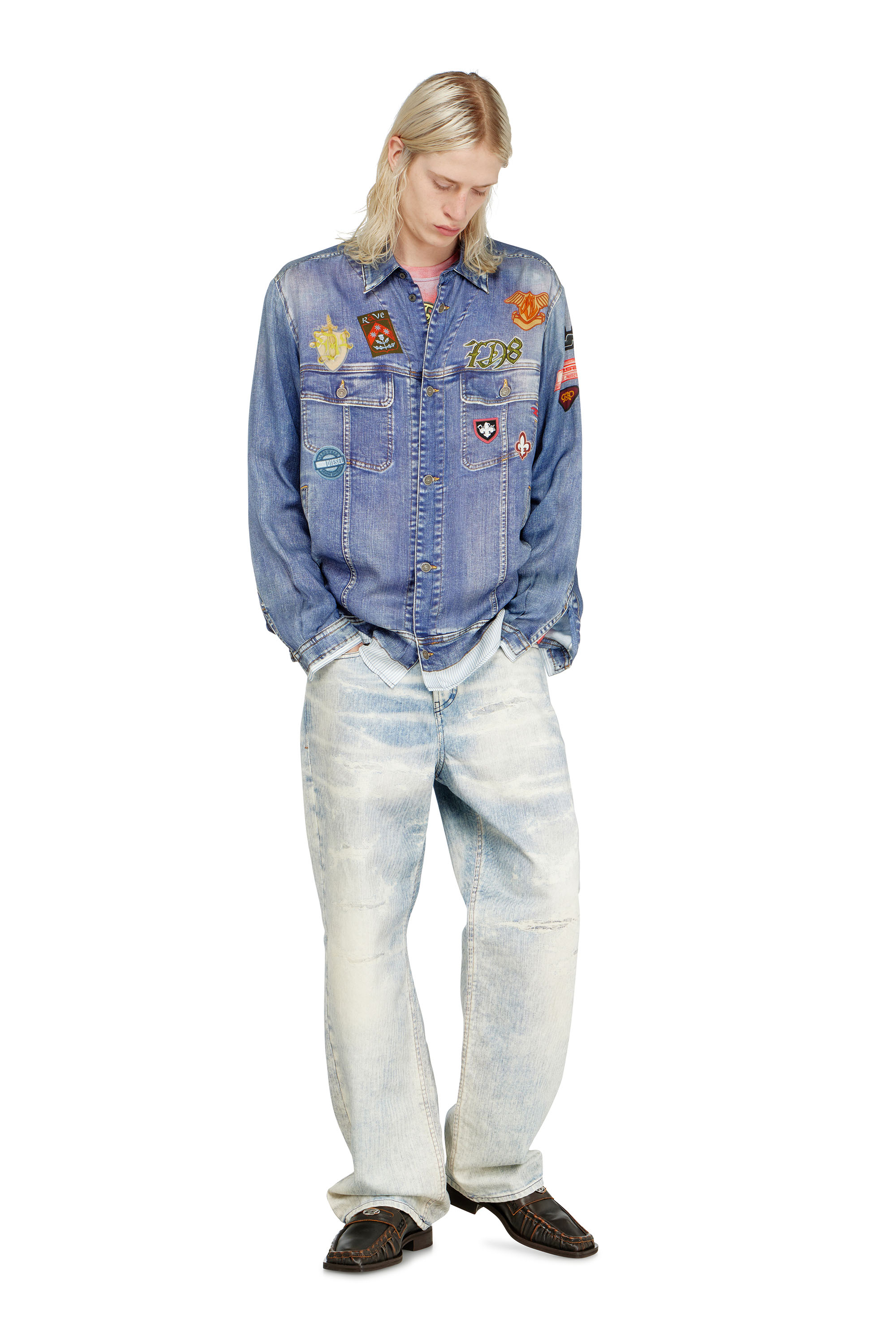 Diesel - S-SIMPLY-PATCH, Camisa satinada con estampado denim trompe-l'oeil Hombre in ToBeDefined - 5