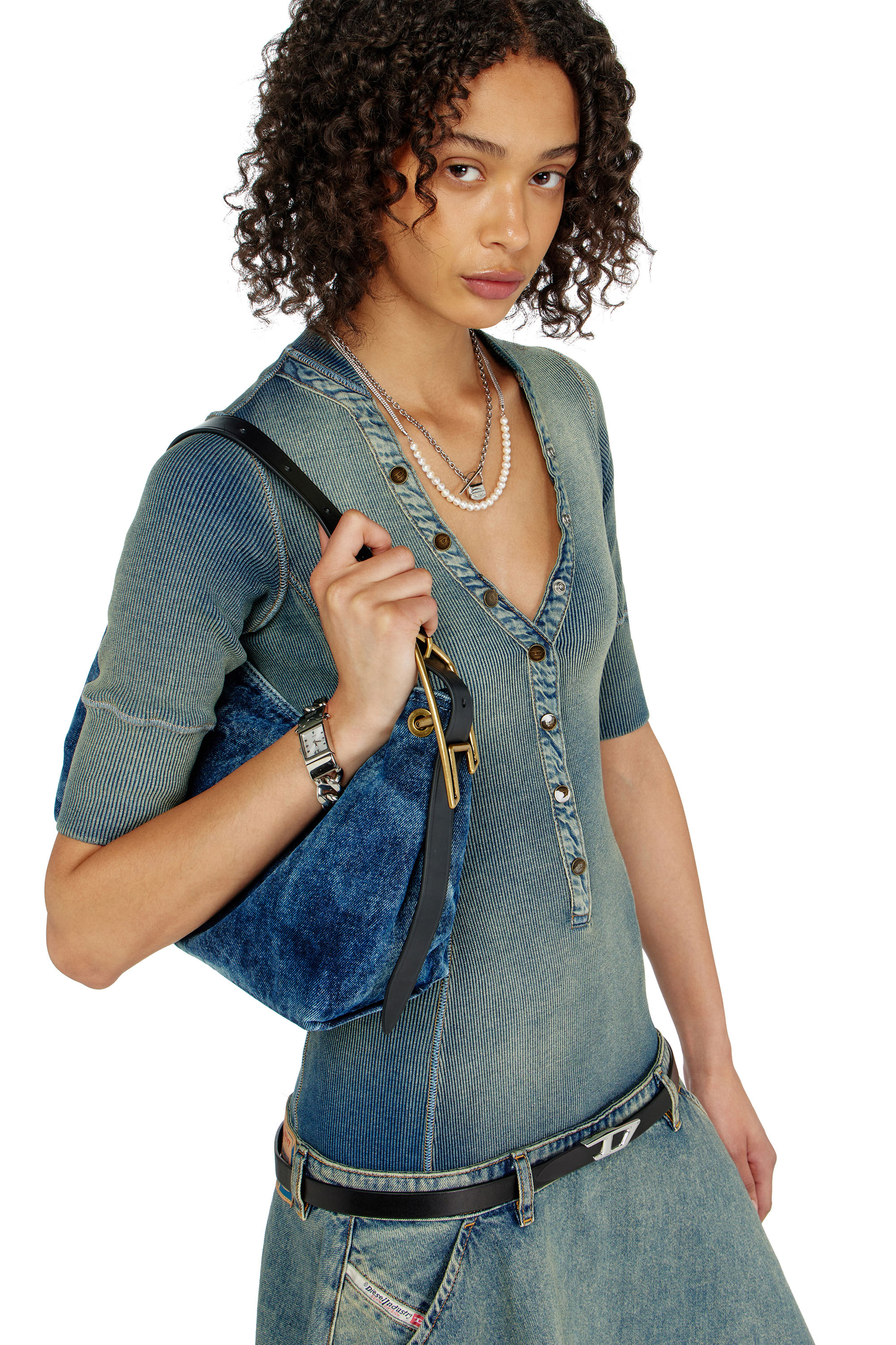 Diesel - DE-ANIM-S, Vestido midi de punto y denim con cintura baja Mujer in Azul marino - 4