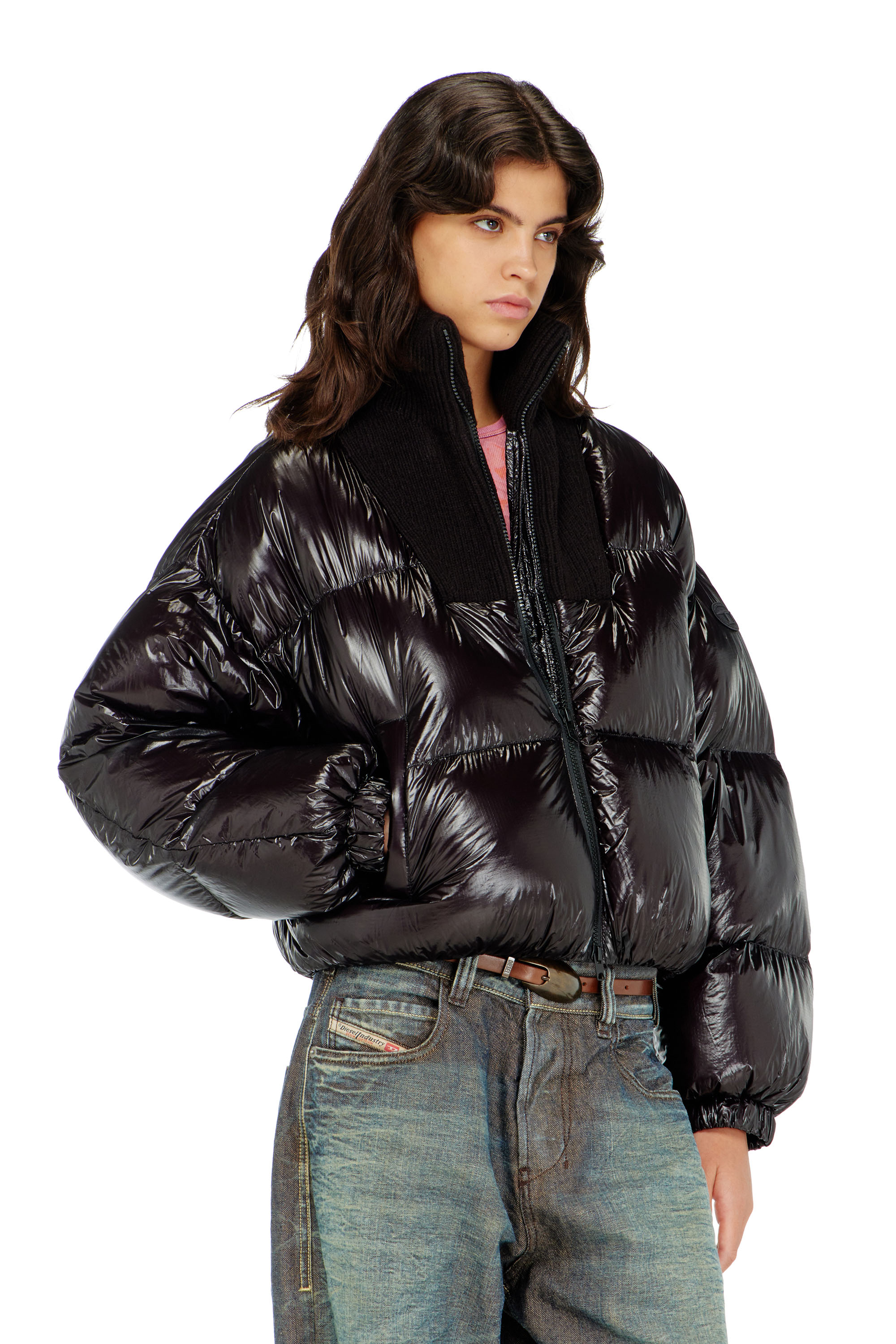Diesel - W-ARRIOR, Chaqueta acolchada down en ripstop con cuello de punto Mujer in Negro - 3