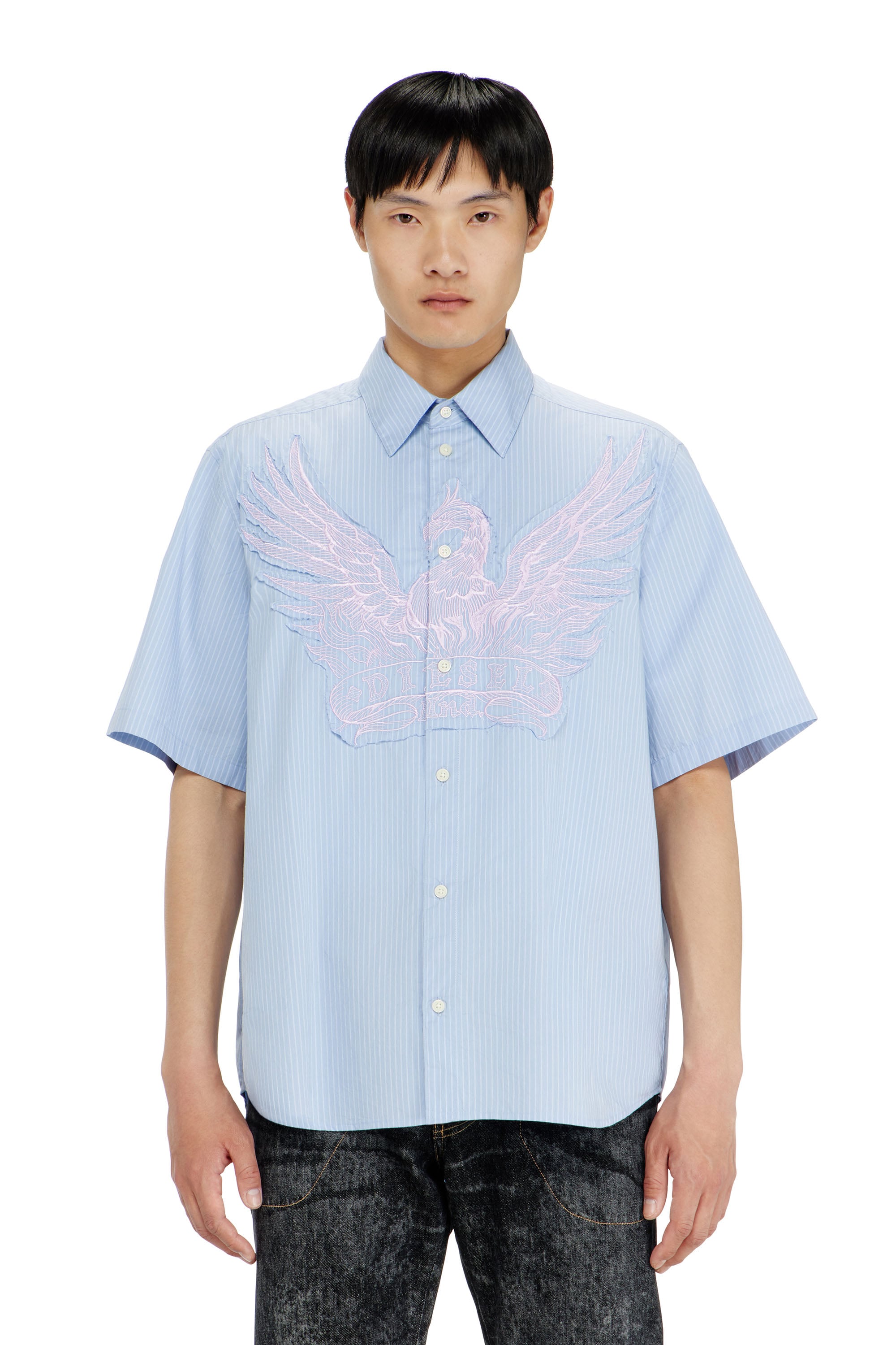 Diesel - S-SIMPLY-SS-AGCZ, Camisa de popelina a rayas con patch bordado Hombre in Azul marino - 1