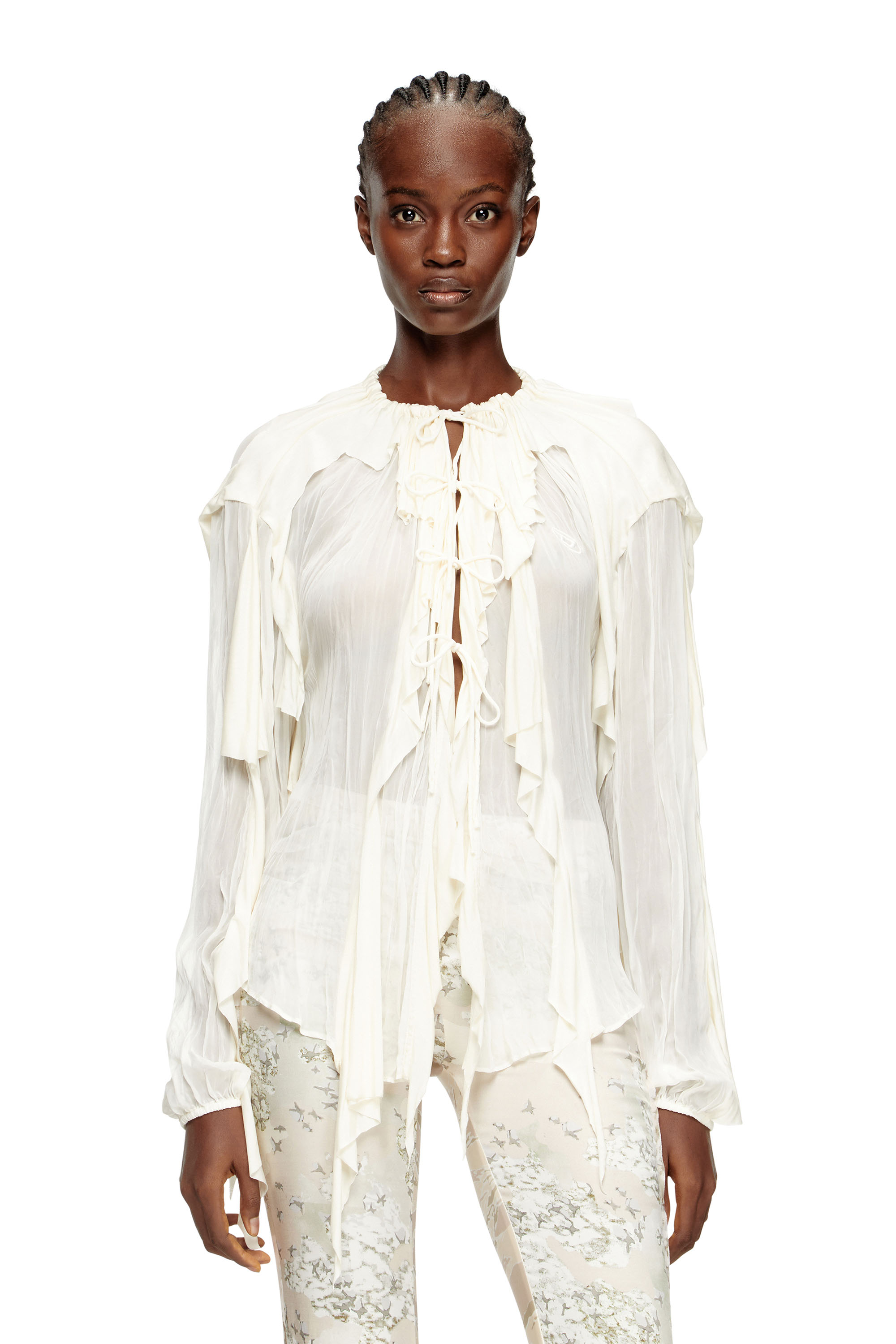 Diesel - C-LASSY, Blusa con volantes de muselina arrugada Mujer in Blanco - 1