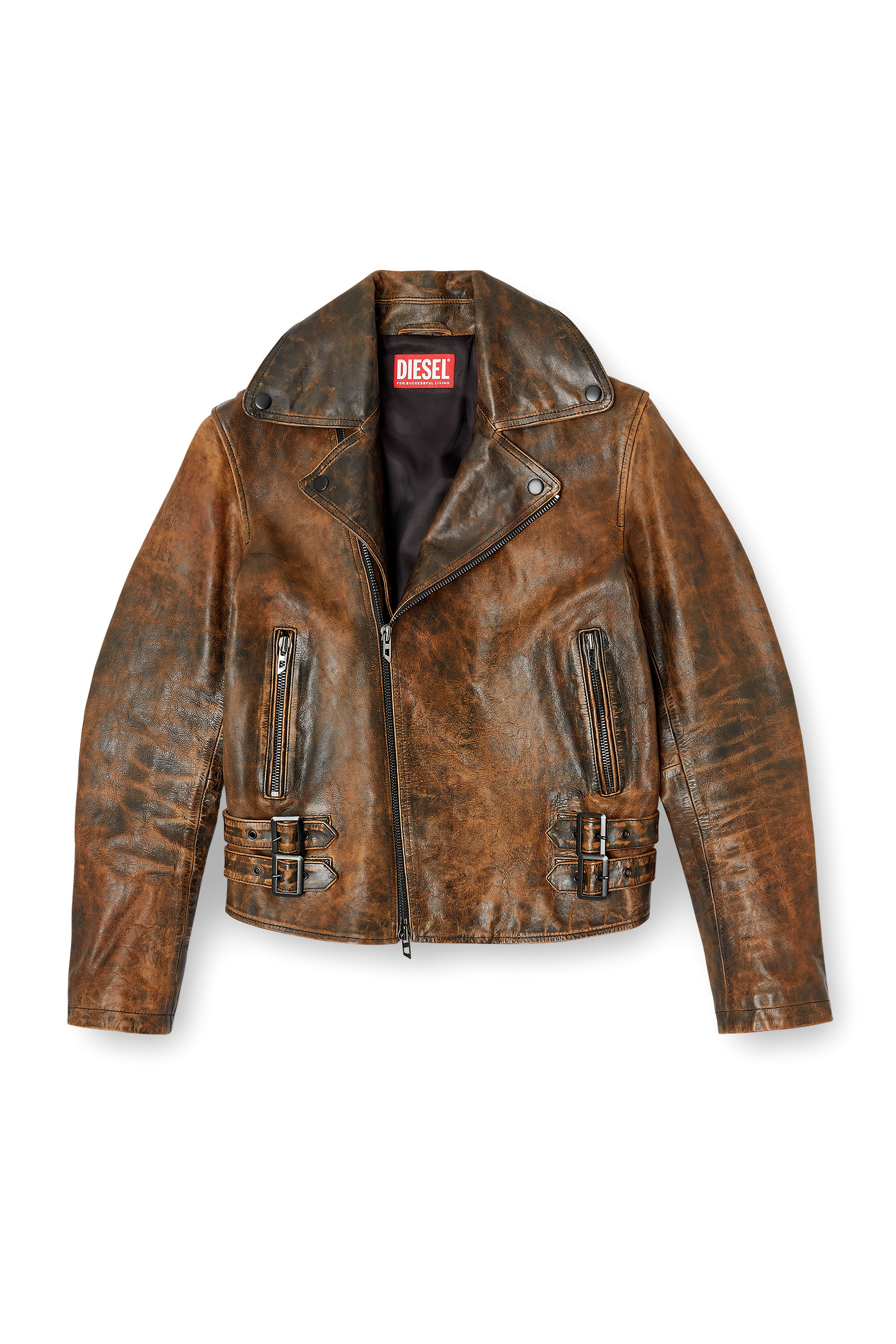 Diesel - L-EON, Chaqueta biker en cuero tratado Hombre in Marrón - 2