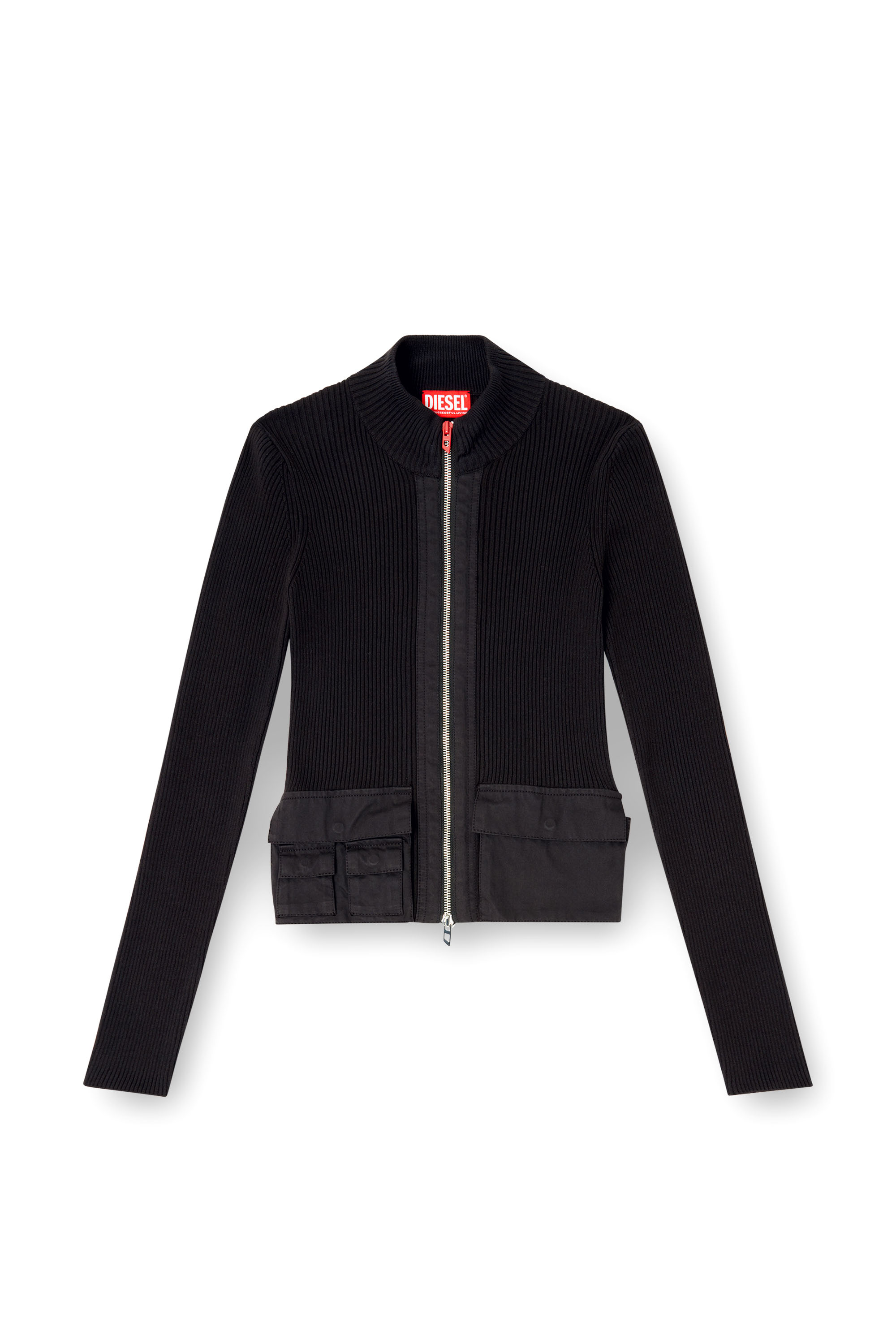Diesel - M-MELISSA, Chaqueta de punto en canalé con bolsillos cargo Mujer in Negro - 2