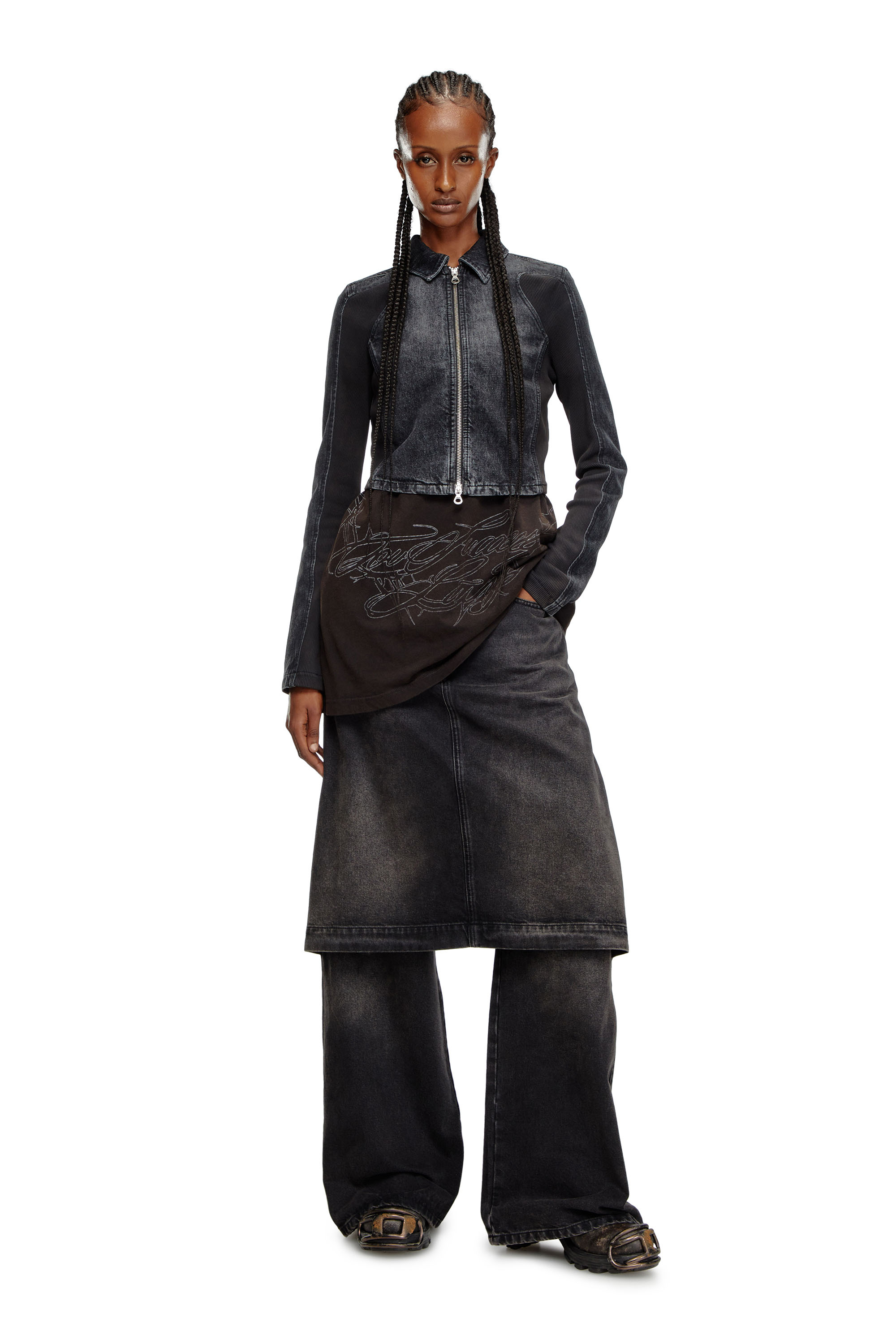 Diesel - DE-SYLEN-S, Chaqueta corta de denim con inserciones en canal&eacute; Mujer in Negro - 1