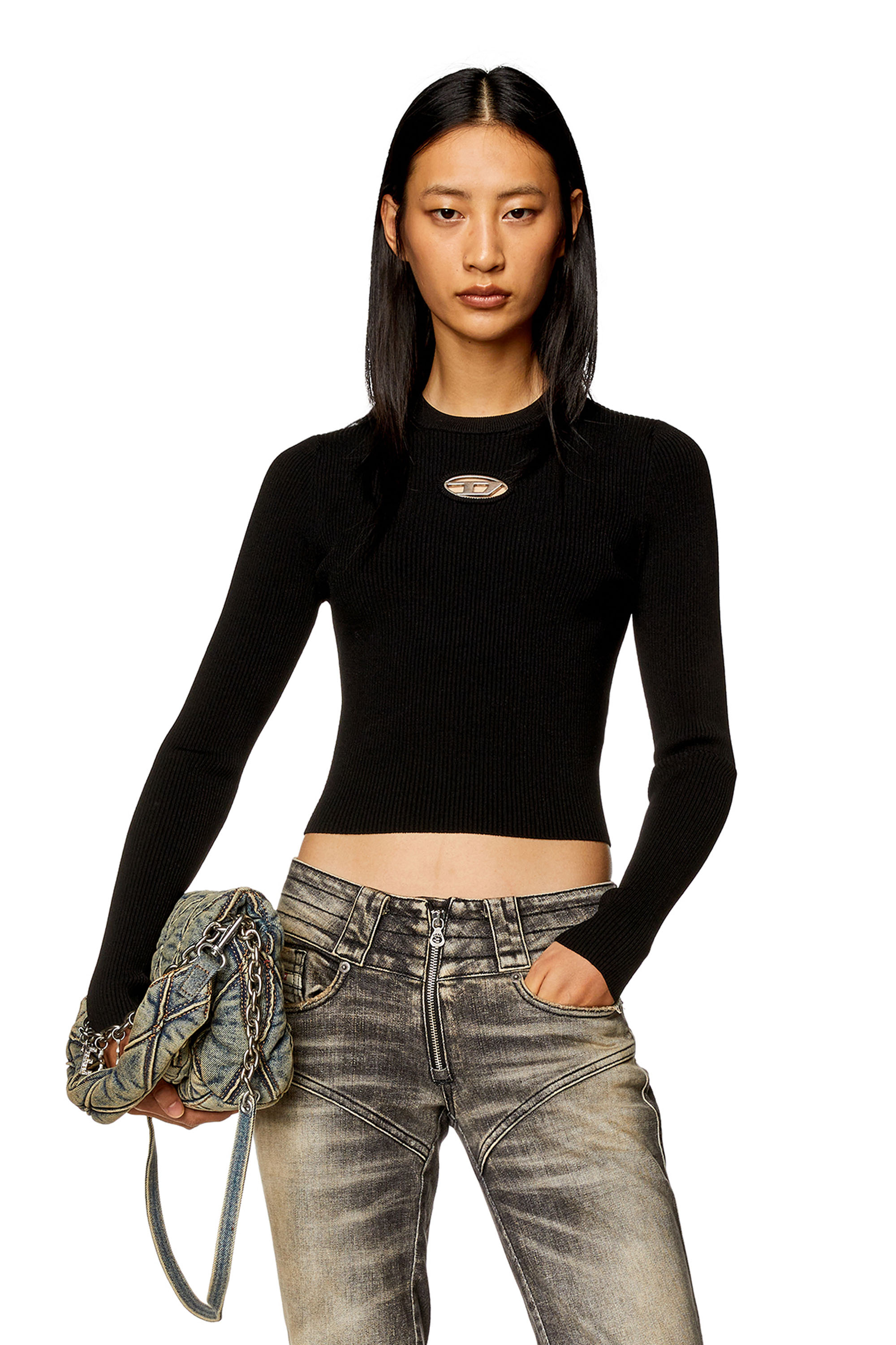 Diesel - M-VALARY, Camiseta de manga larga de tejido de canalé Mujer in Negro - 3