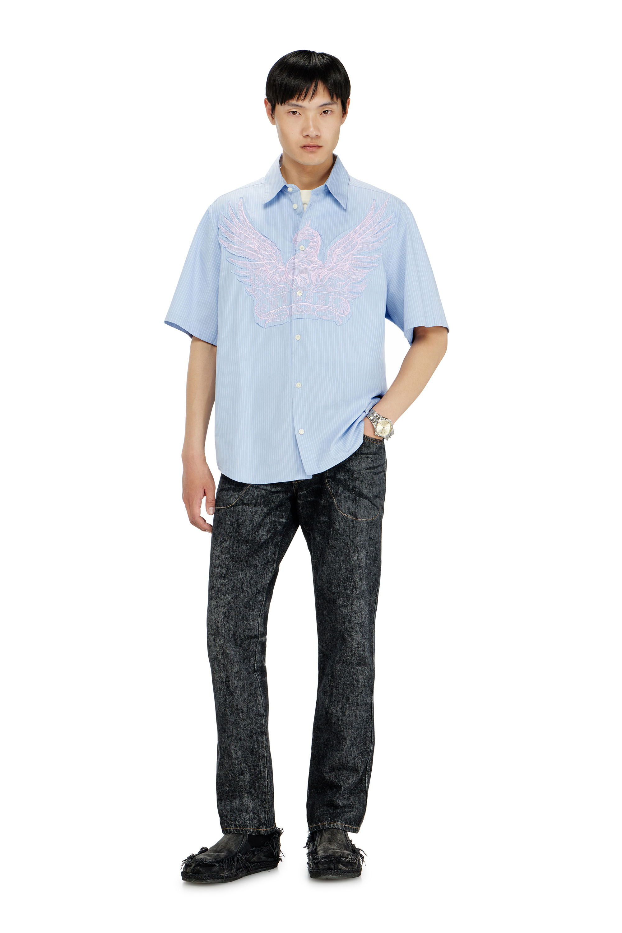 Diesel - S-SIMPLY-SS-AGCZ, Camisa de popelina a rayas con patch bordado Hombre in Azul marino - 2