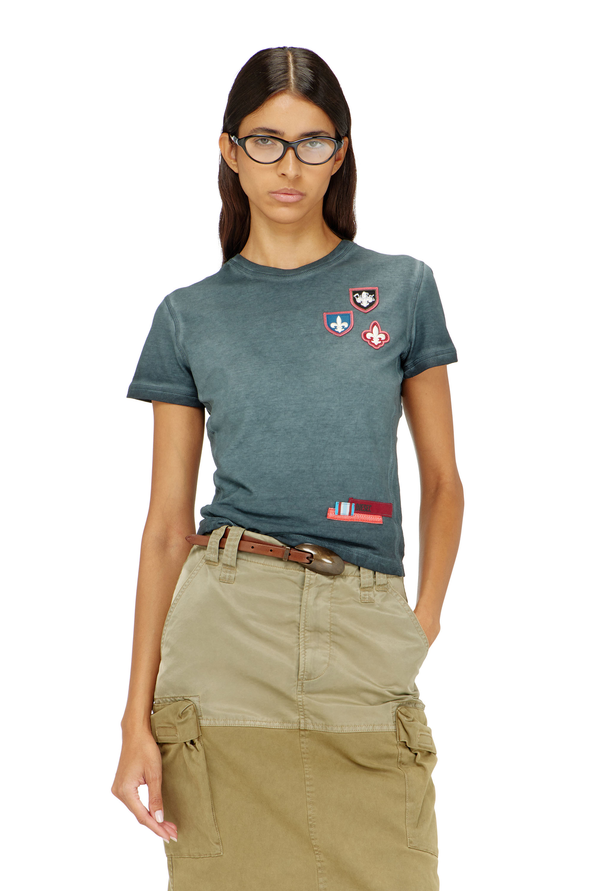 Diesel - T-UNCUTY-WAF, Camiseta con parches y laterales de micro waffle Mujer in Azul marino - 1