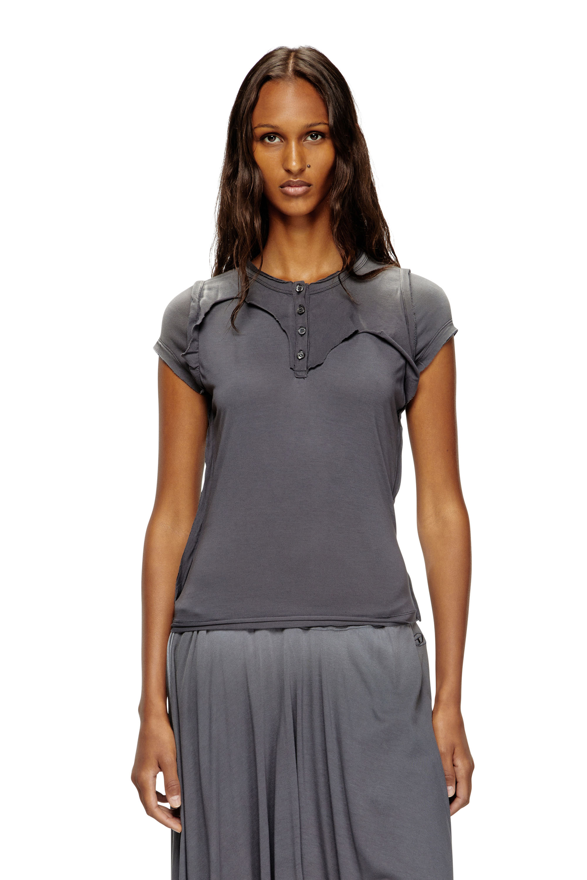 Diesel - T-UNRAWY, Camiseta abotonada con efecto despegado Mujer in Gris - 1