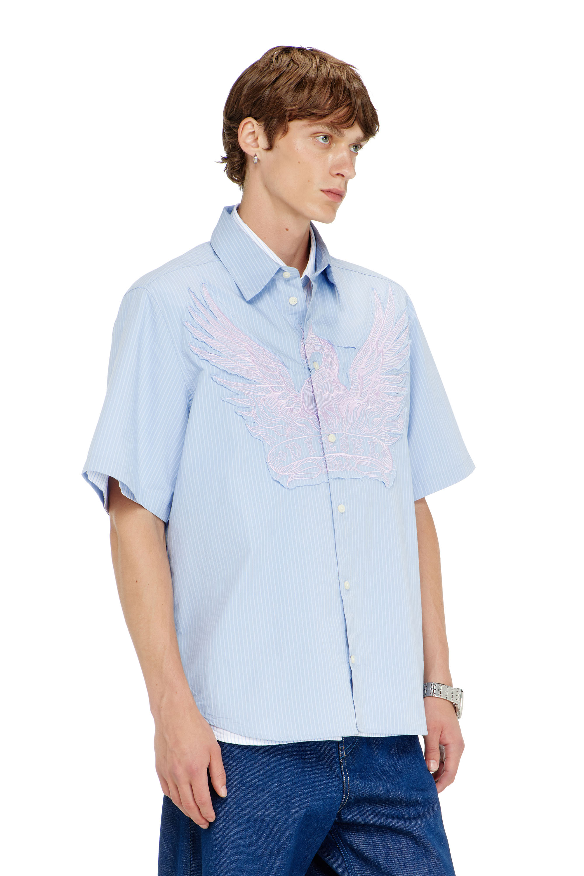 Diesel - S-SIMPLY-SS-AGCZ, Camisa de popelina a rayas con patch bordado Hombre in Azul marino - 1