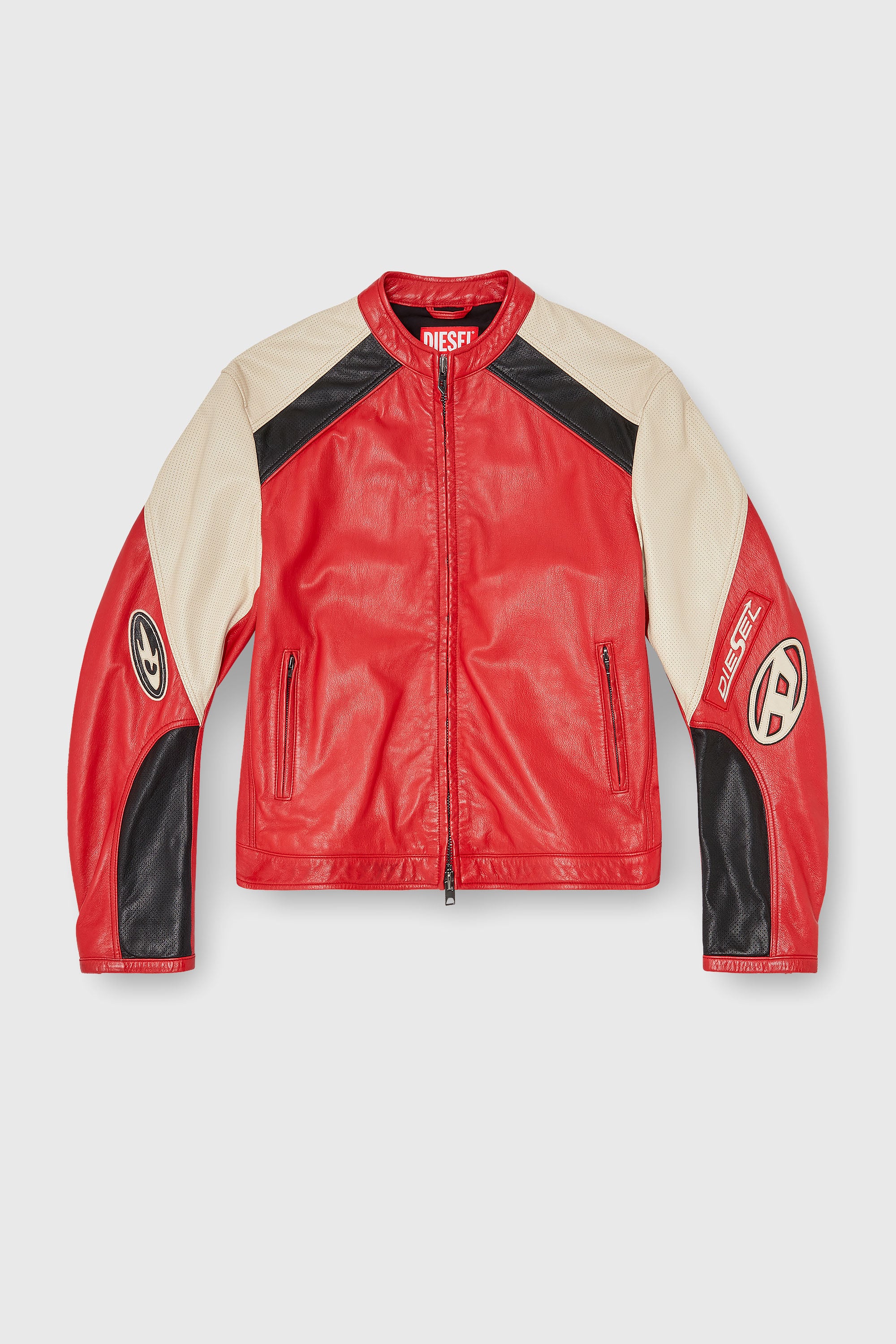 Diesel - L-AHTI, Cazadora biker de piel perforada en bloques de color Hombre in Multicolor - 2