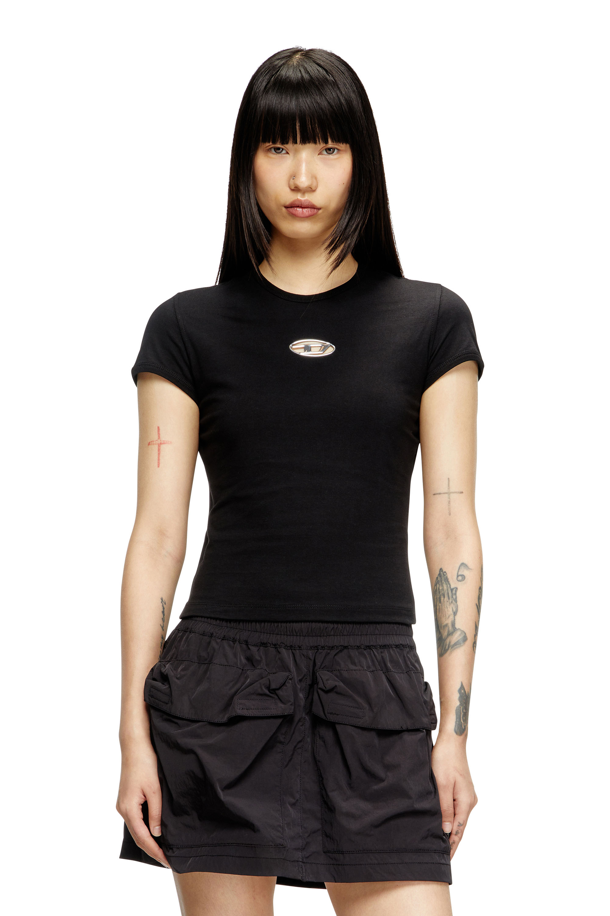 Diesel - T-UNCUTIE-LONG-OD-Q1, Camiseta de fit entallado con logotipo Oval D recortado Mujer in Negro - 1