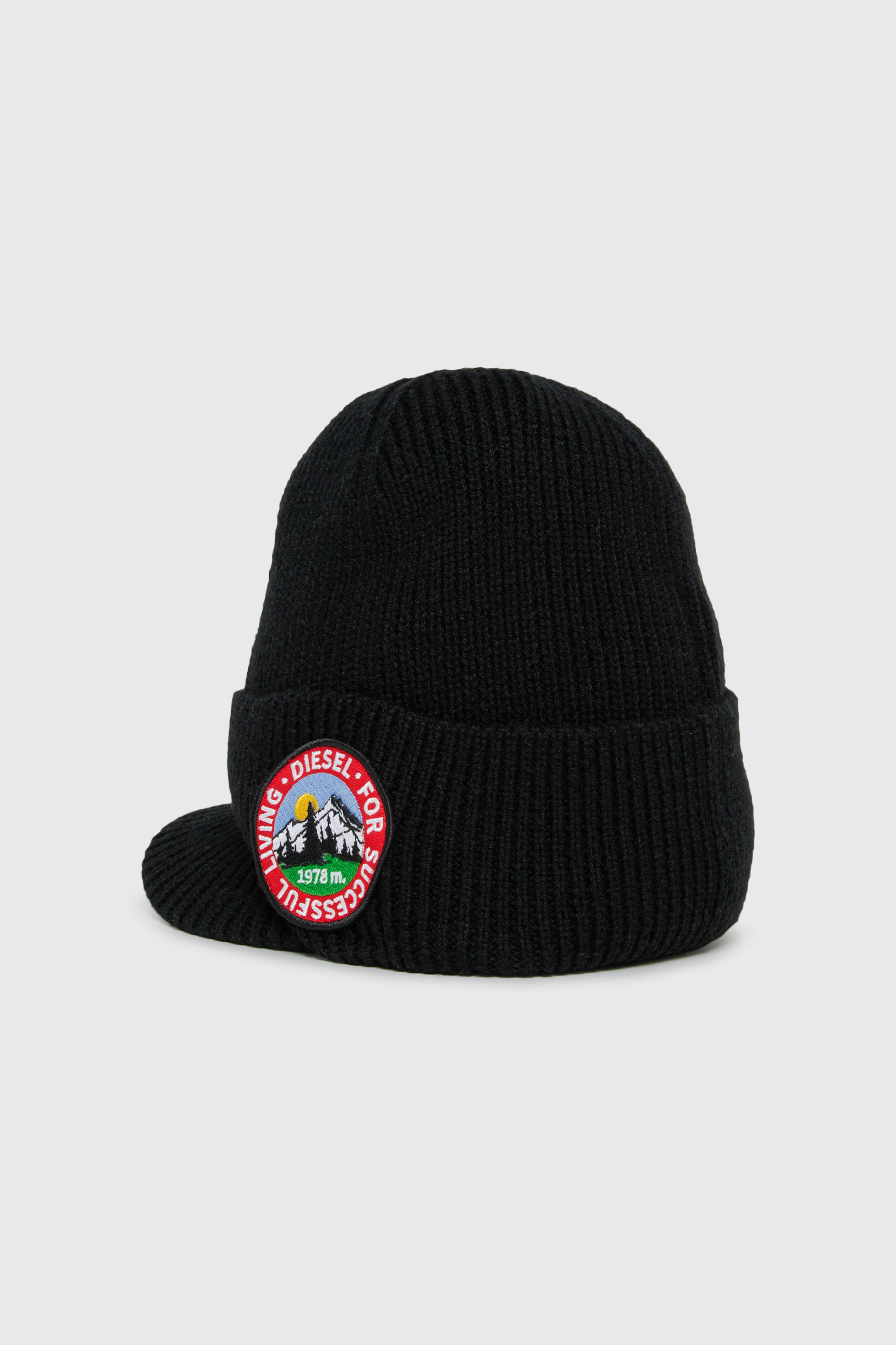 Diesel - FMONTI, Gorro con visera de punto de lana acanalada Unisex in Negro - 2