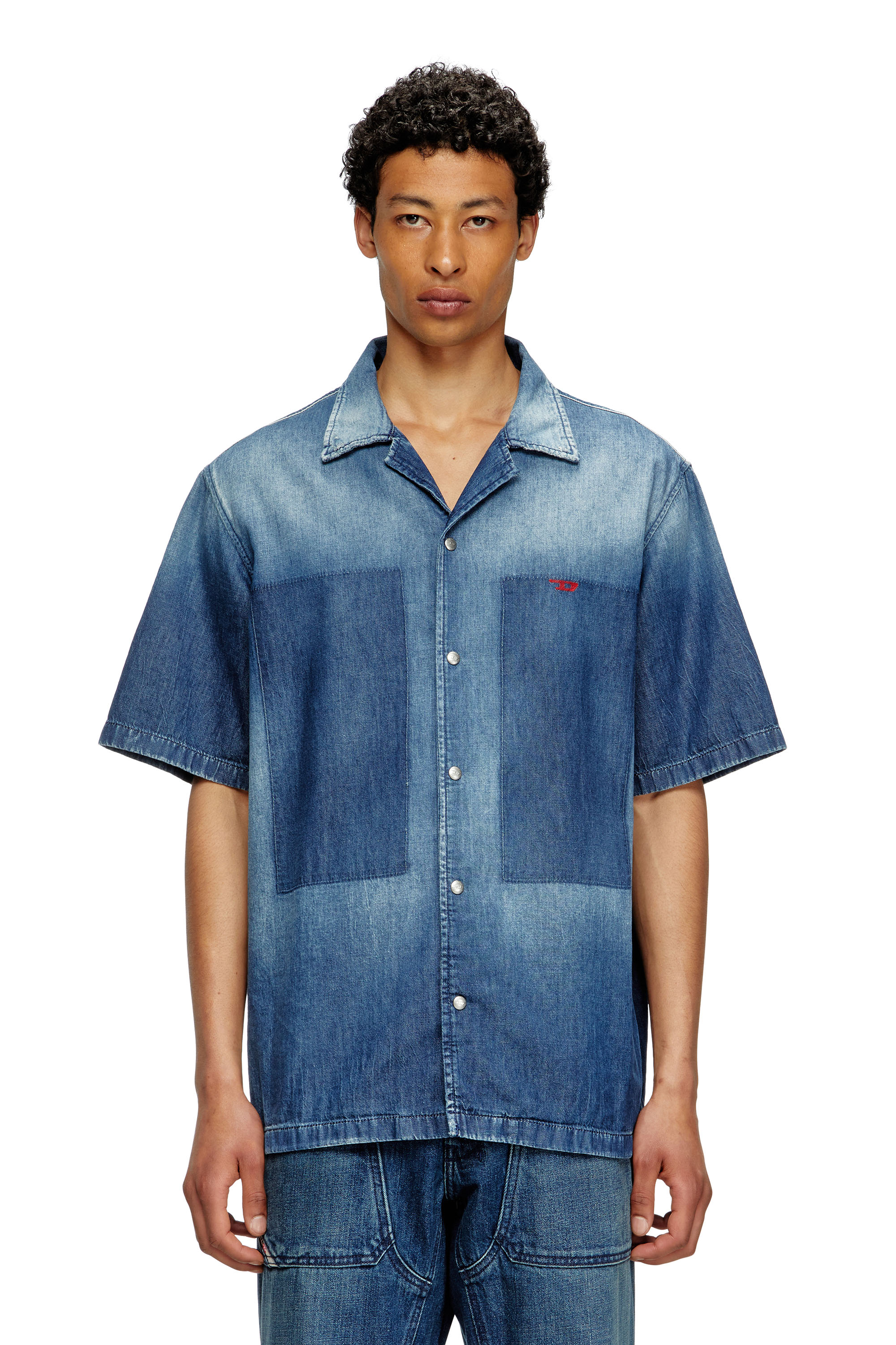 Diesel - D-NABIL-D, Camisa de bolos en denim con efecto de contraste Hombre in Azul marino - 3
