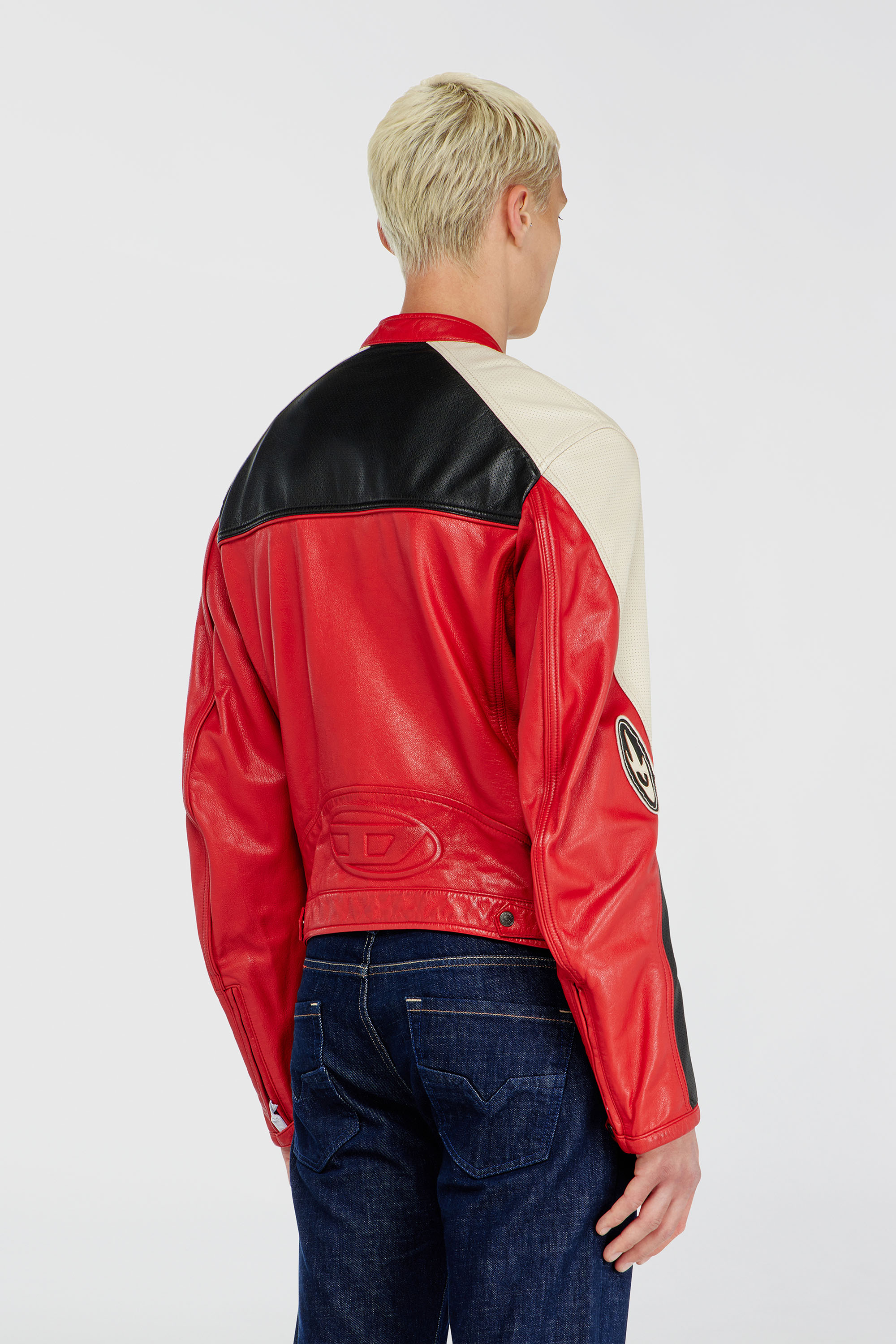 Diesel - L-AHTI, Cazadora biker de piel perforada en bloques de color Hombre in Multicolor - 4