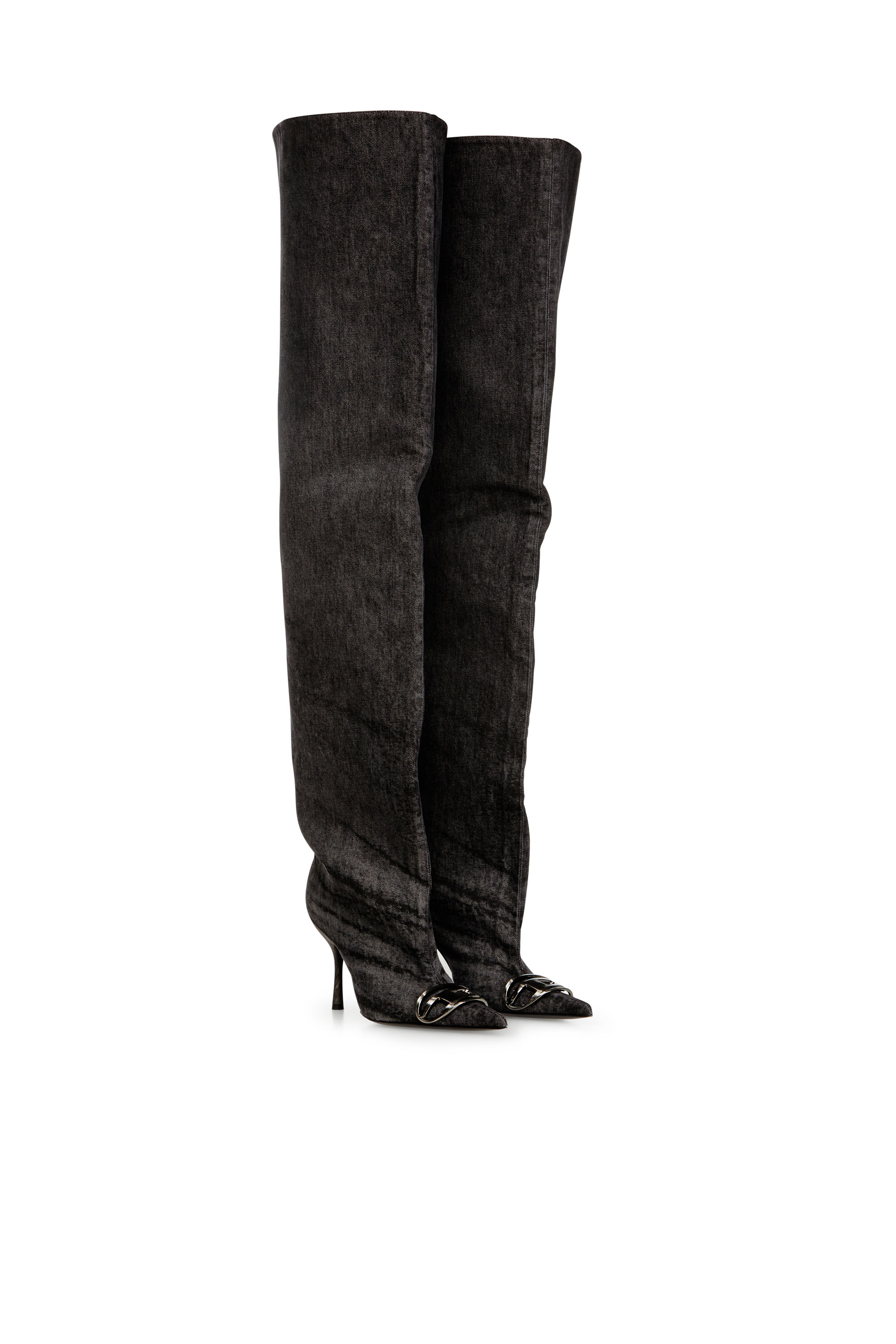 Diesel - D-VENUS 90 OTK BOOT, Botas por encima de la rodilla en denim revestido Mujer in Negro - 2