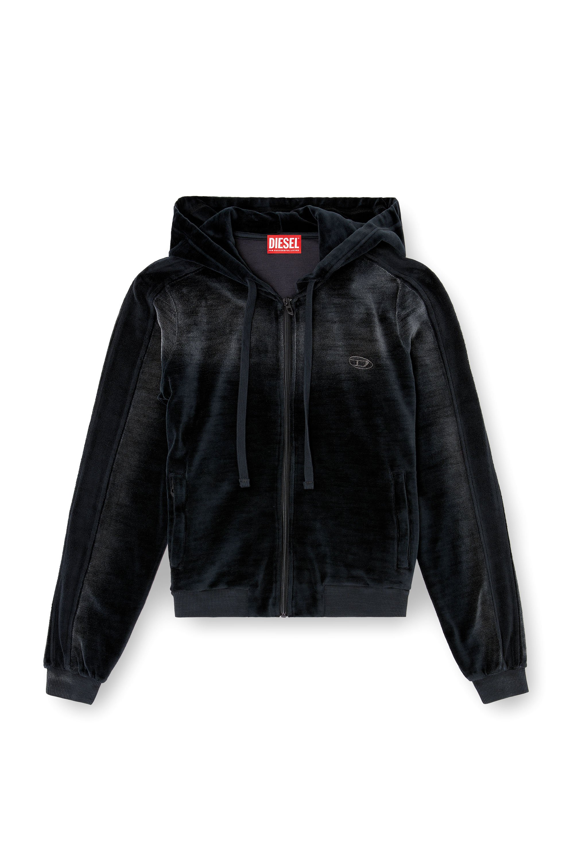 Diesel - F-ELY-Q1, Sudadera con capucha y cremallera de chenilla desteñida Mujer in Negro - 3