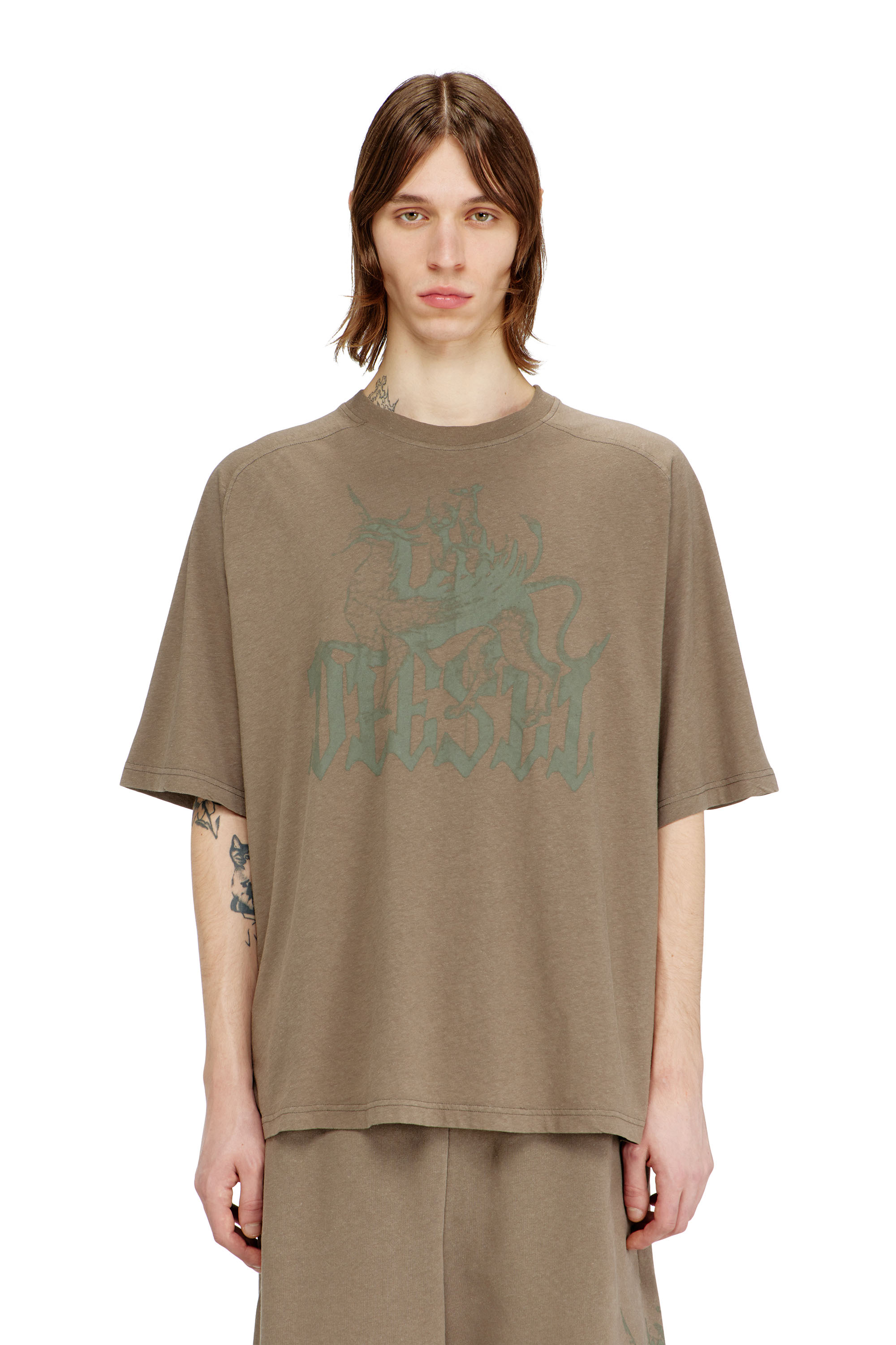 Diesel - T-JUSSI-A, Camiseta estampada de algod&oacute;n y c&aacute;&ntilde;amo Hombre in Beige - 1