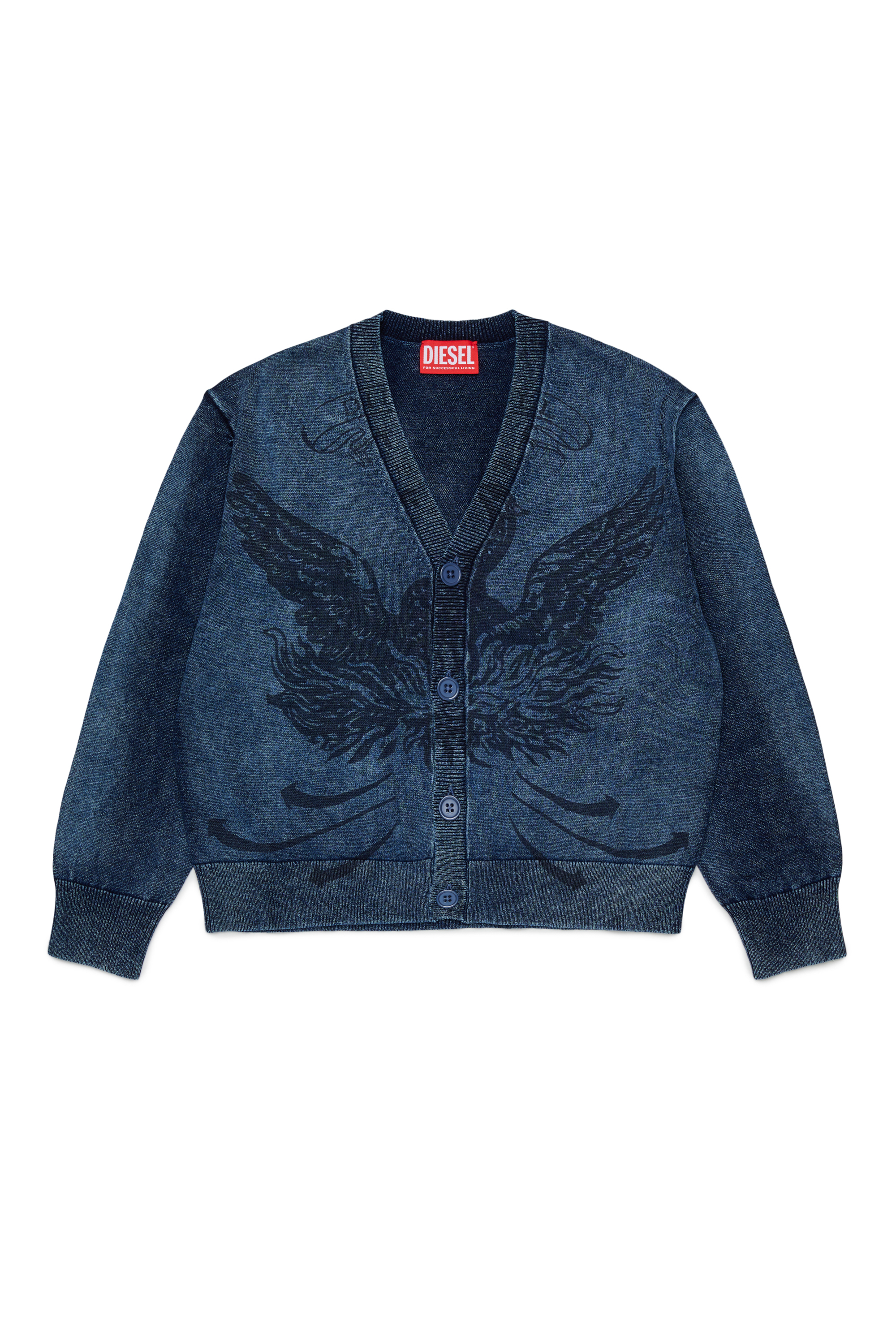 Diesel - KFINNIC CARDIGAN OVER, C&aacute;rdigan efecto denim con motivo de f&eacute;nix Hombre in Azul marino - 1