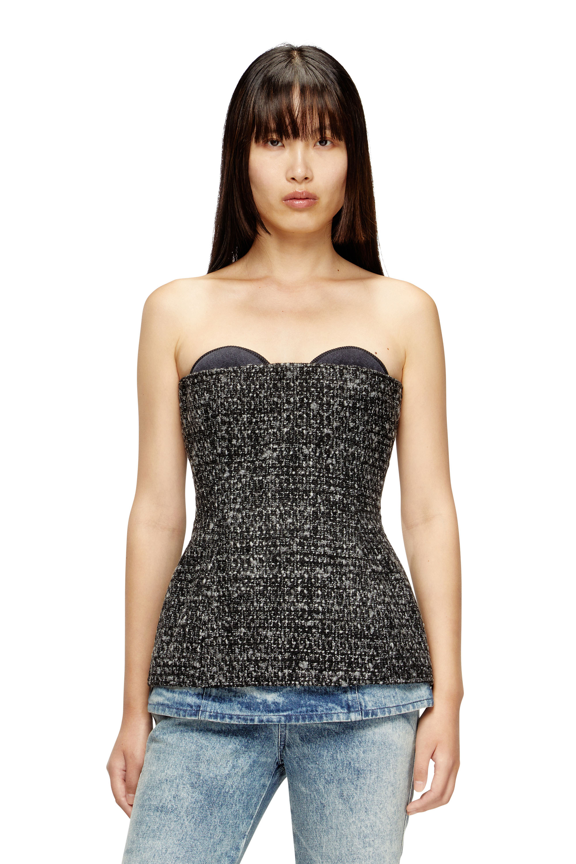 Diesel - T-ORSET, Top corsé de bouclé con corte ultra bajo Mujer in Negro - 1