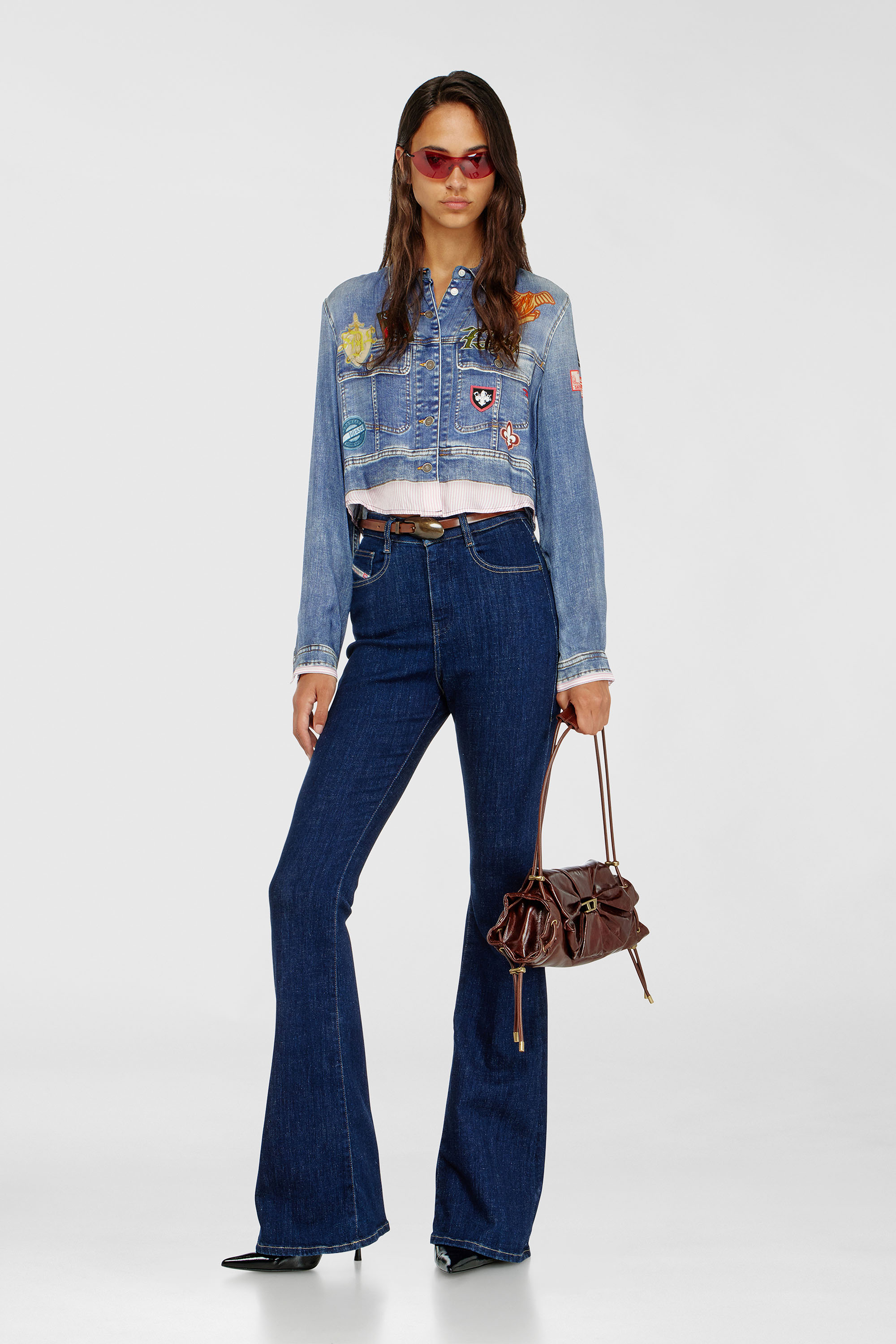 Diesel - C-LONE, Camisa cropped de sat&eacute;n con estampado denim trompe-l&rsquo;oeil Mujer in Azul marino - 2