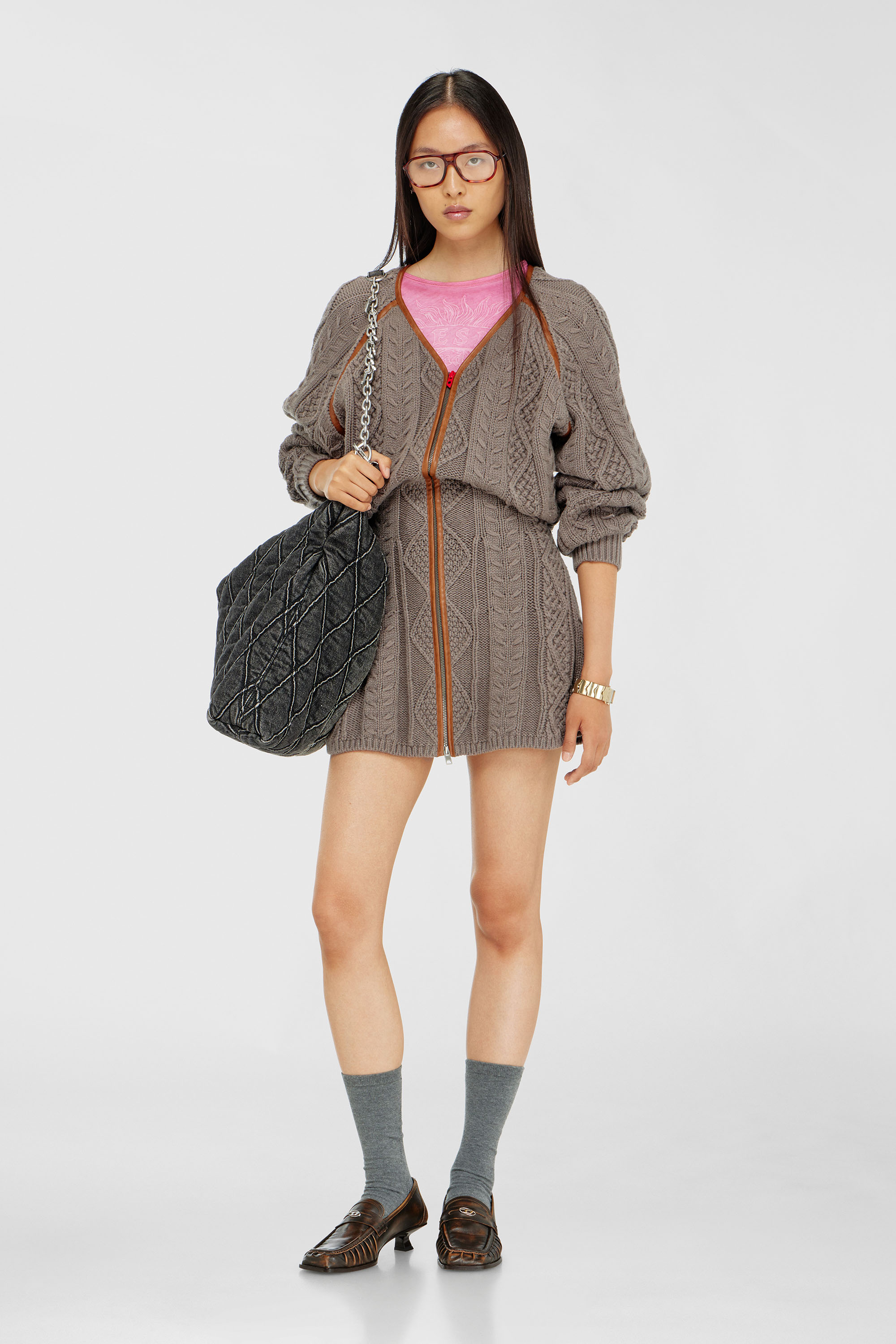 Diesel - M-INTESSE, Vestido mini tipo c&aacute;rdigan de punto trenzado Mujer in Gris - 1