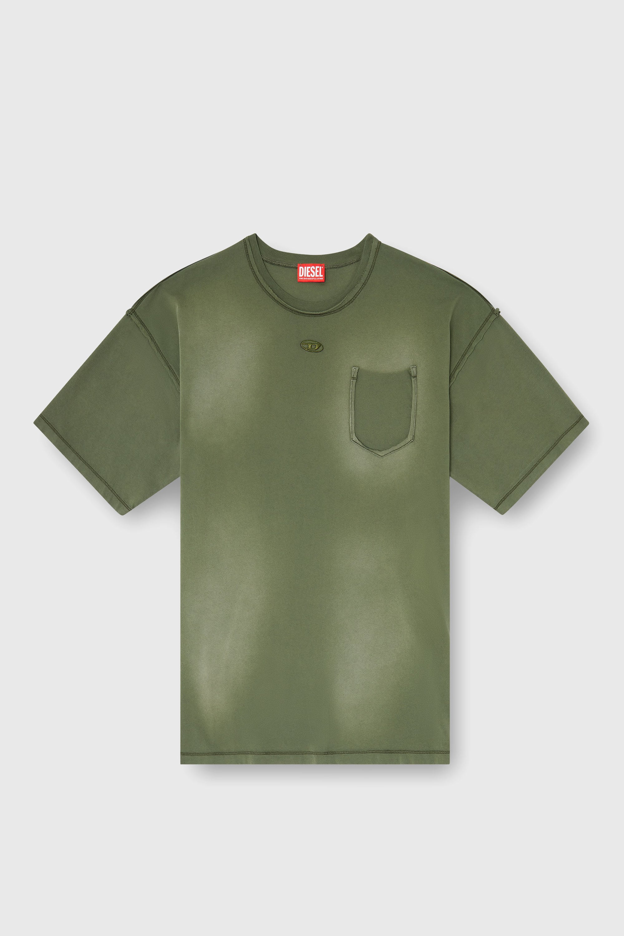 Diesel - T-POCK, Camiseta deslavada con bolsillo roto Hombre in Verde - 2