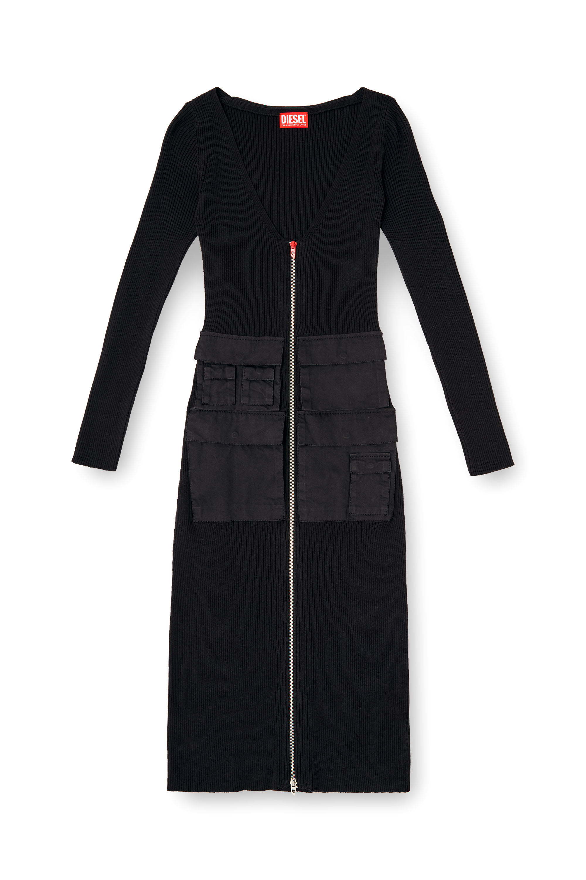 Diesel - M-MELTI-LS, Vestido midi en canalé con bolsillos cargo Mujer in Negro - 2