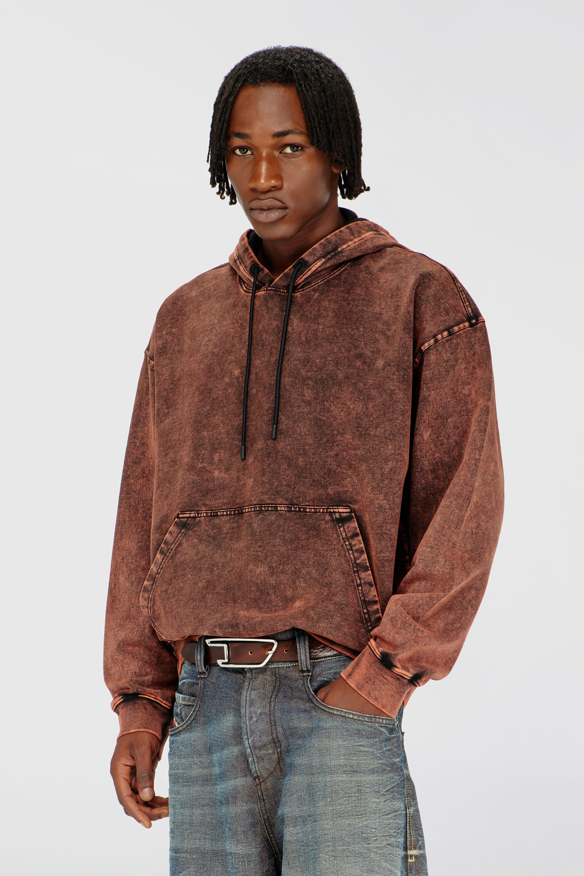 Diesel - S-BOXT-HOOD-TUK, Sudadera con efecto denim tratado Hombre in Marr&oacute;n - 1