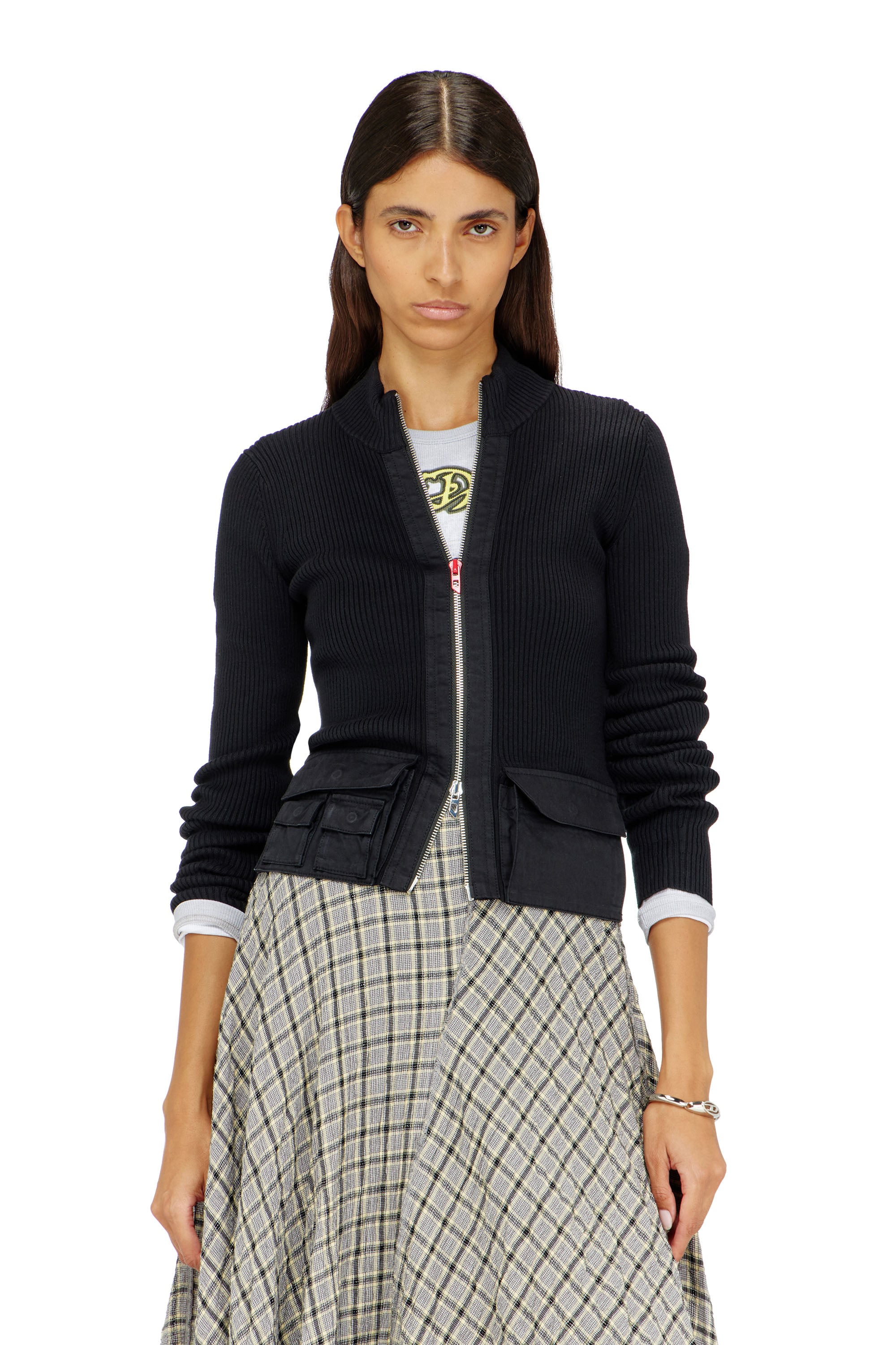 Diesel - M-MELISSA, Chaqueta de punto en canal&eacute; con bolsillos cargo Mujer in Negro - 1