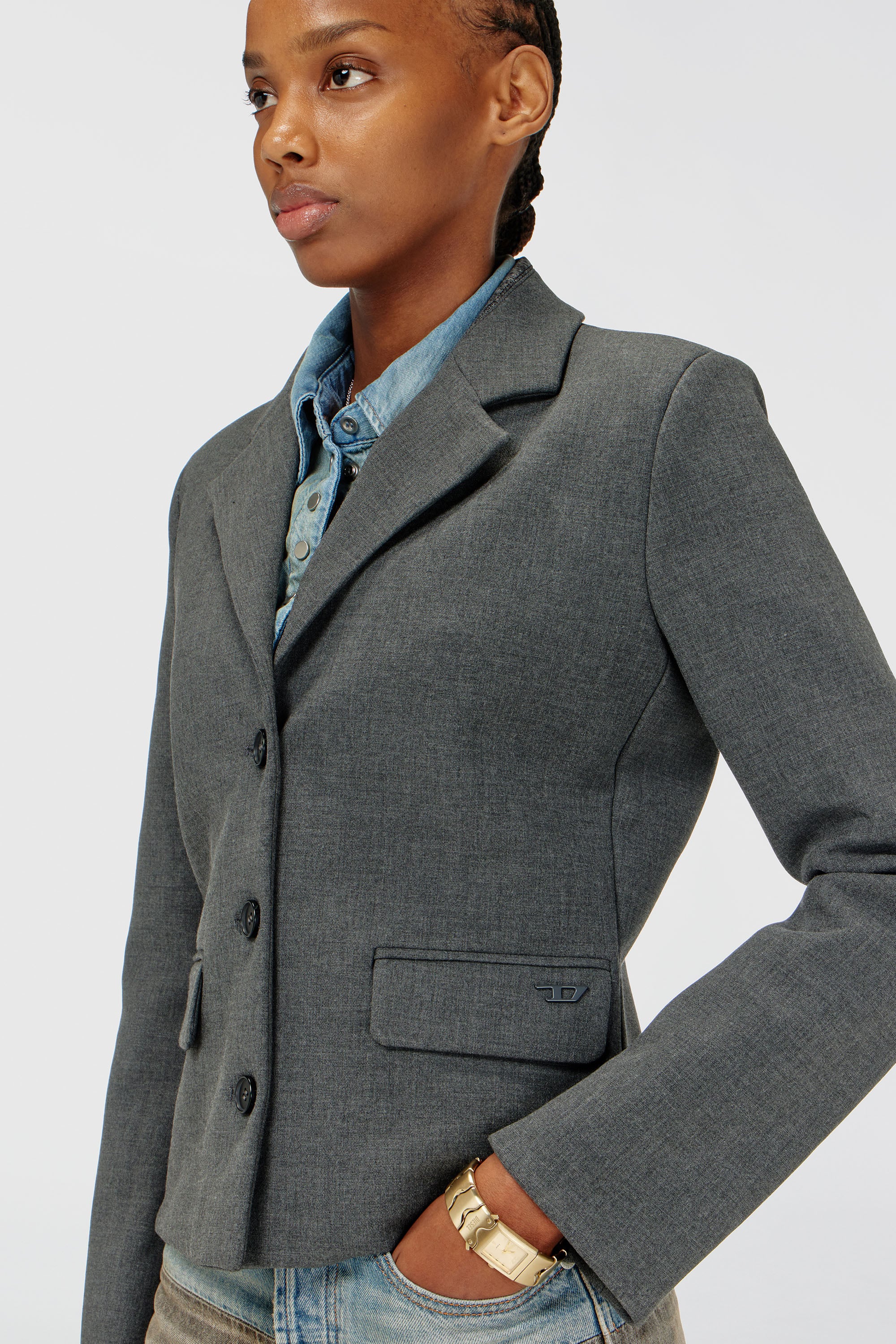 Diesel - G-LINTY, Blazer corto con cuello ribeteado en denim Mujer in Gris - 1
