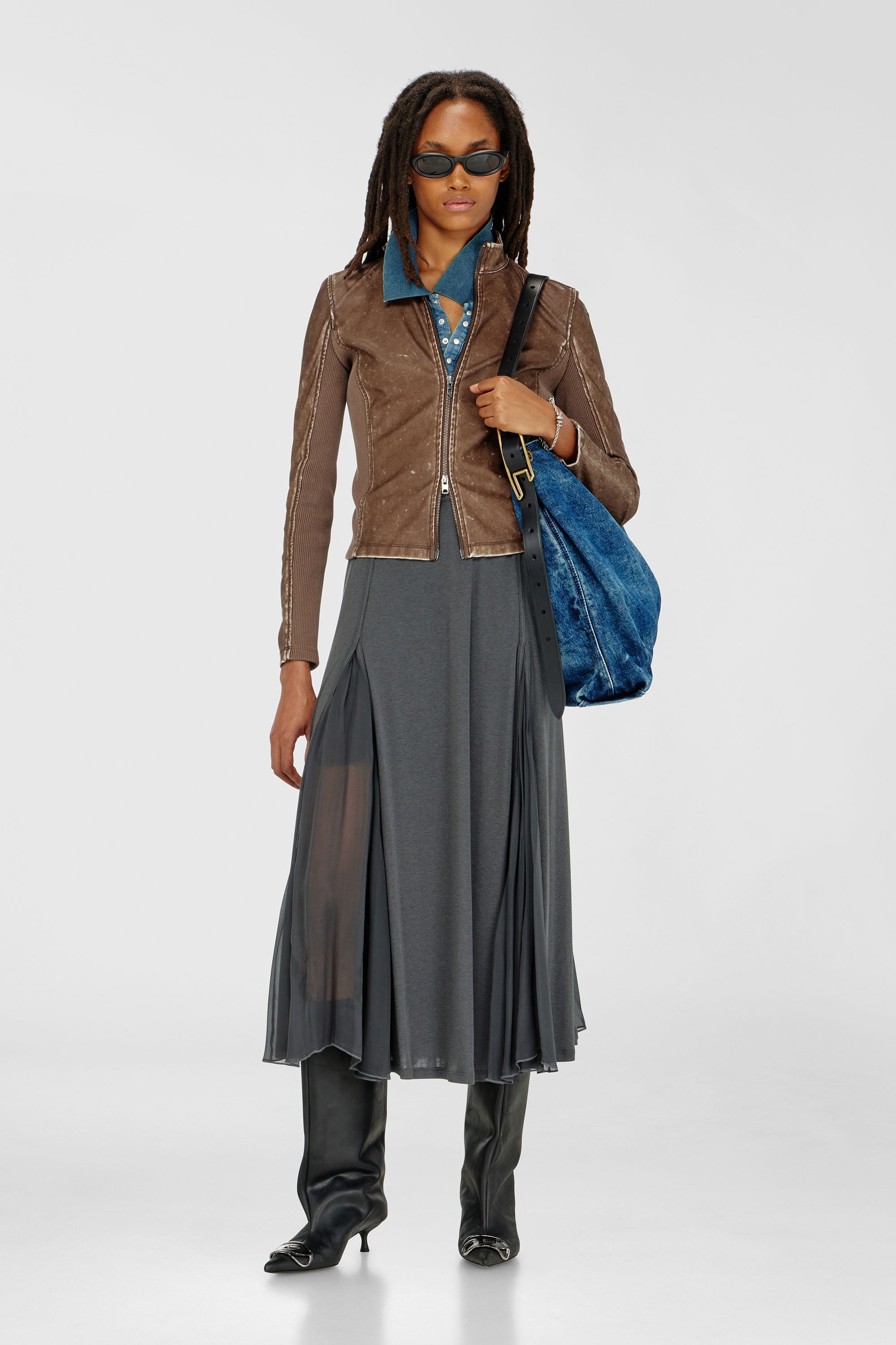 Diesel - O-LONGREI, Falda midi de punto acanalado y gasa Mujer in Gris - 1