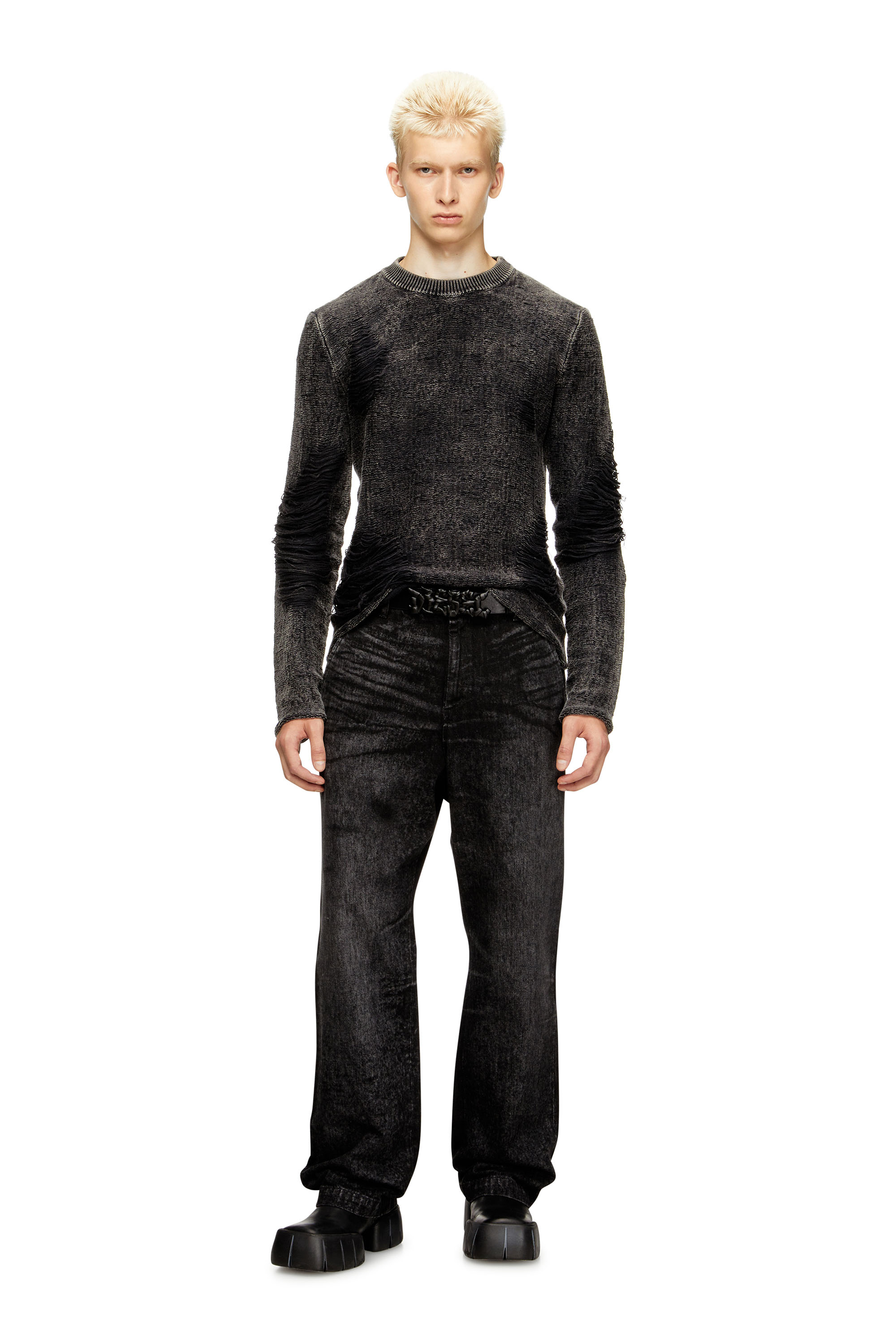 Diesel - K-FJORDI-ROUND, Jersey destruido con hilos flotantes Hombre in Negro - 2