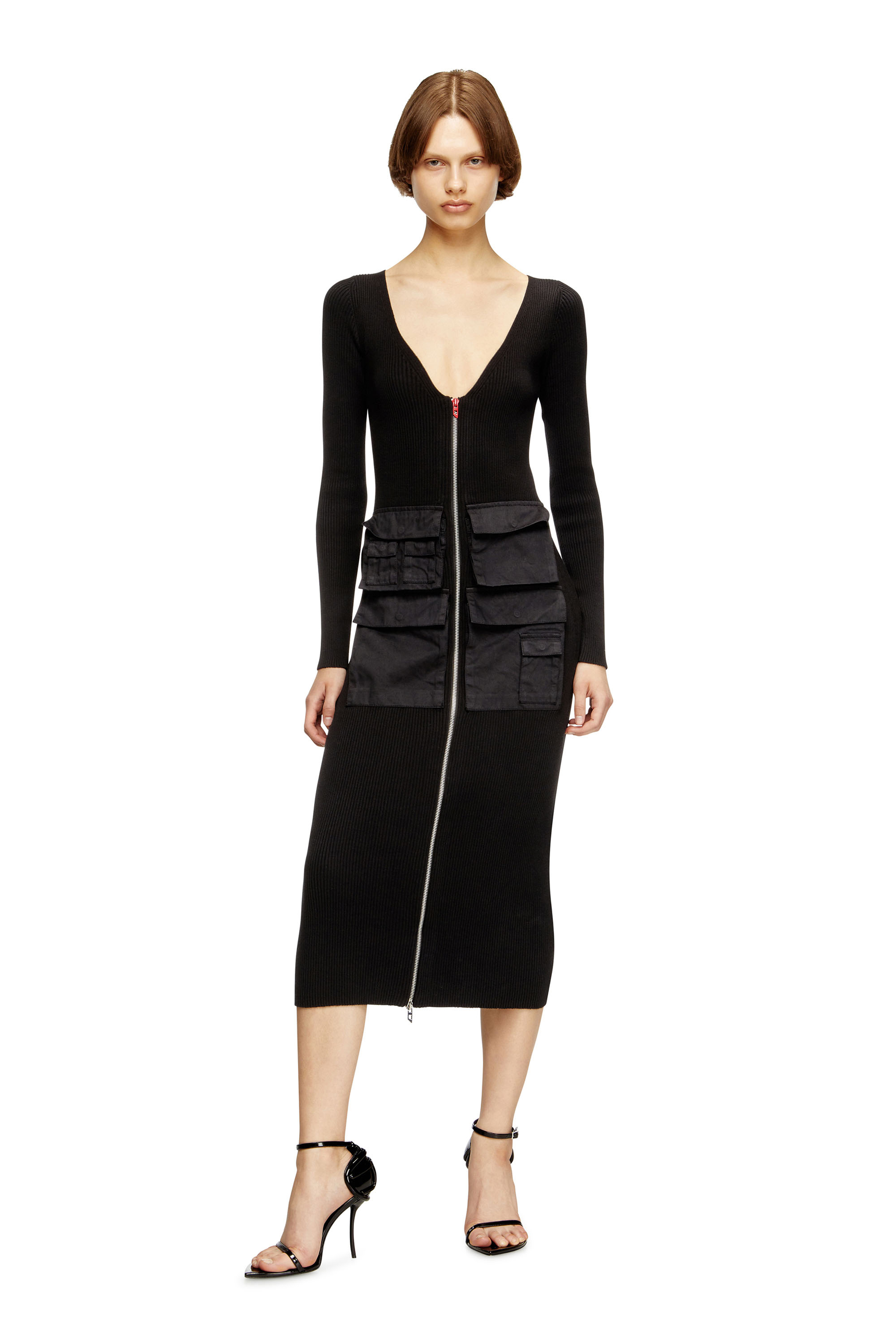 Diesel - M-MELTI-LS, Vestido midi en canalé con bolsillos cargo Mujer in Negro - 3