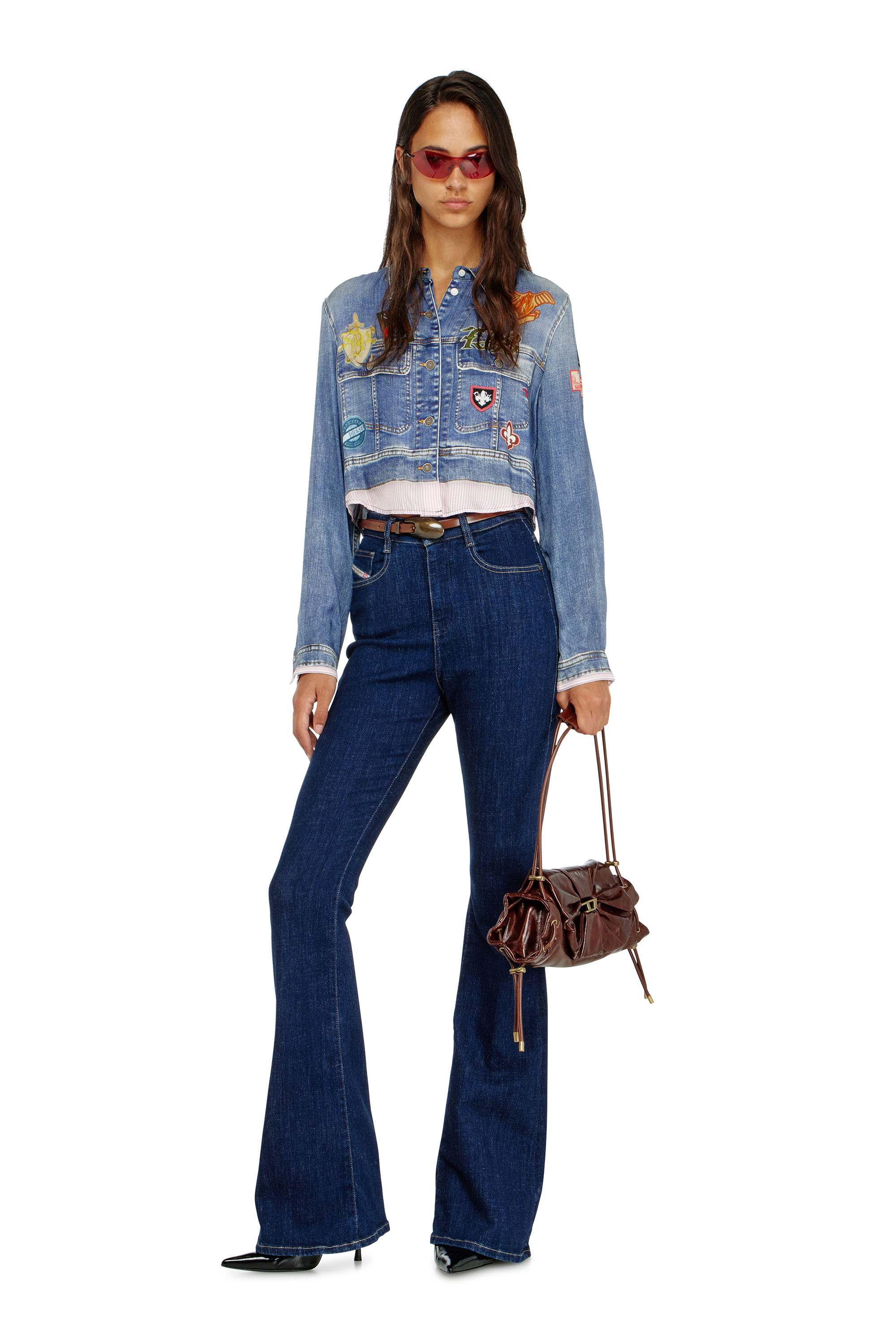 Diesel - C-LONE, Camisa cropped de sat&eacute;n con estampado denim trompe-l&rsquo;oeil Mujer in ToBeDefined - 2