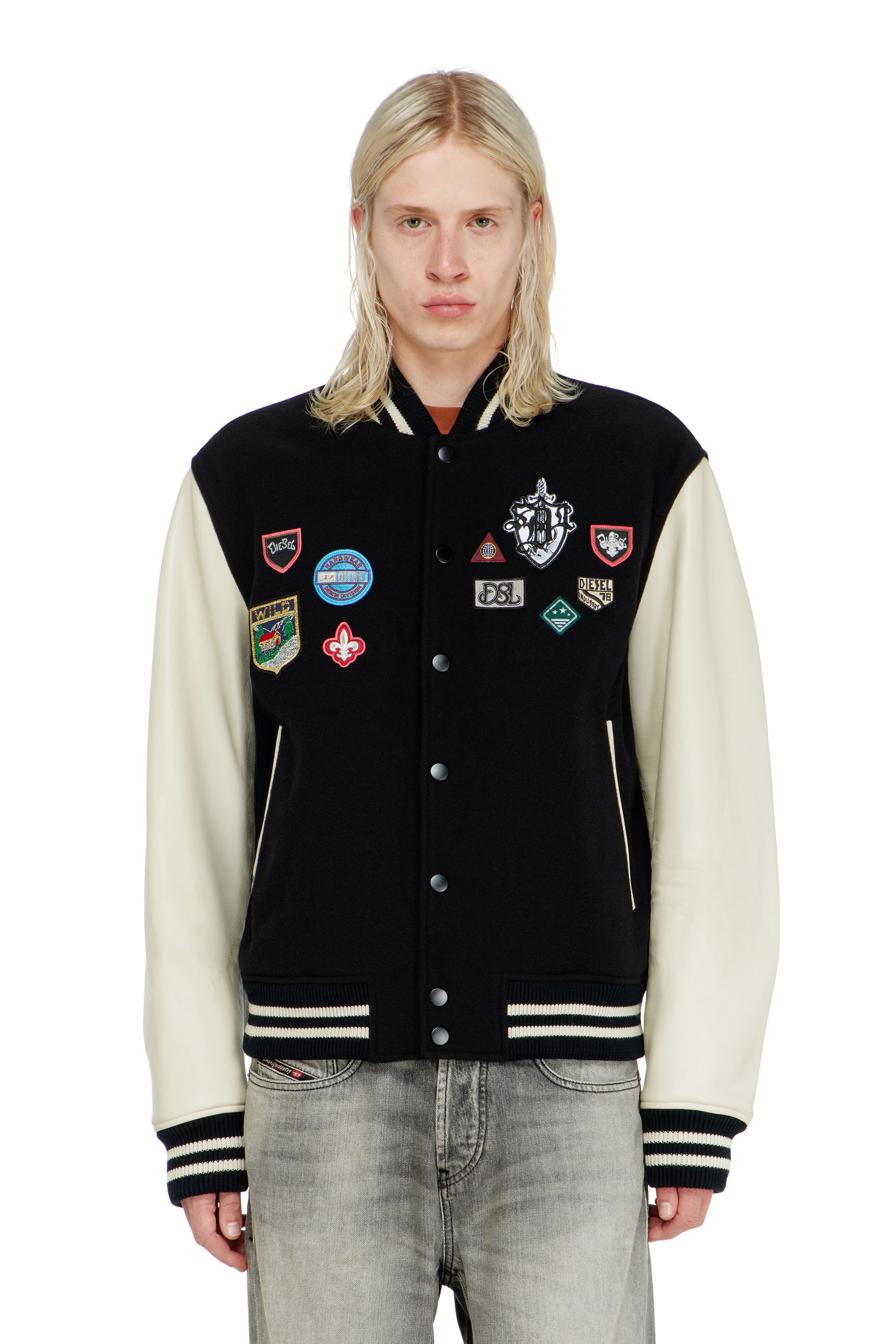 Diesel - L-ARRY-PATCH, Man's Wool and leather bomber jacket with patches in White/Black - 5