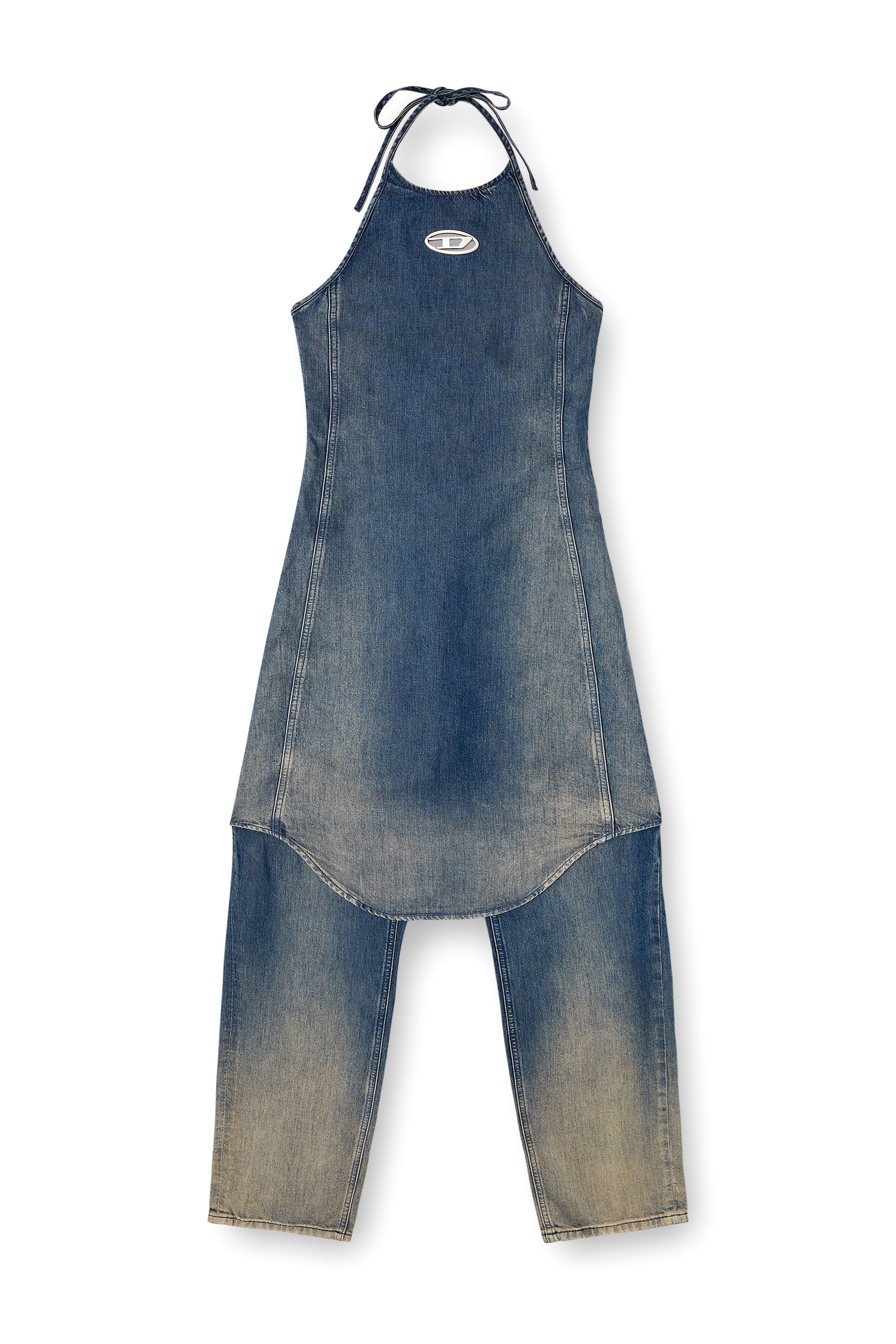 Diesel - DE-CYNTHIA-S, Mono con escote halter en denim fluido degradado Mujer in Azul marino - 3